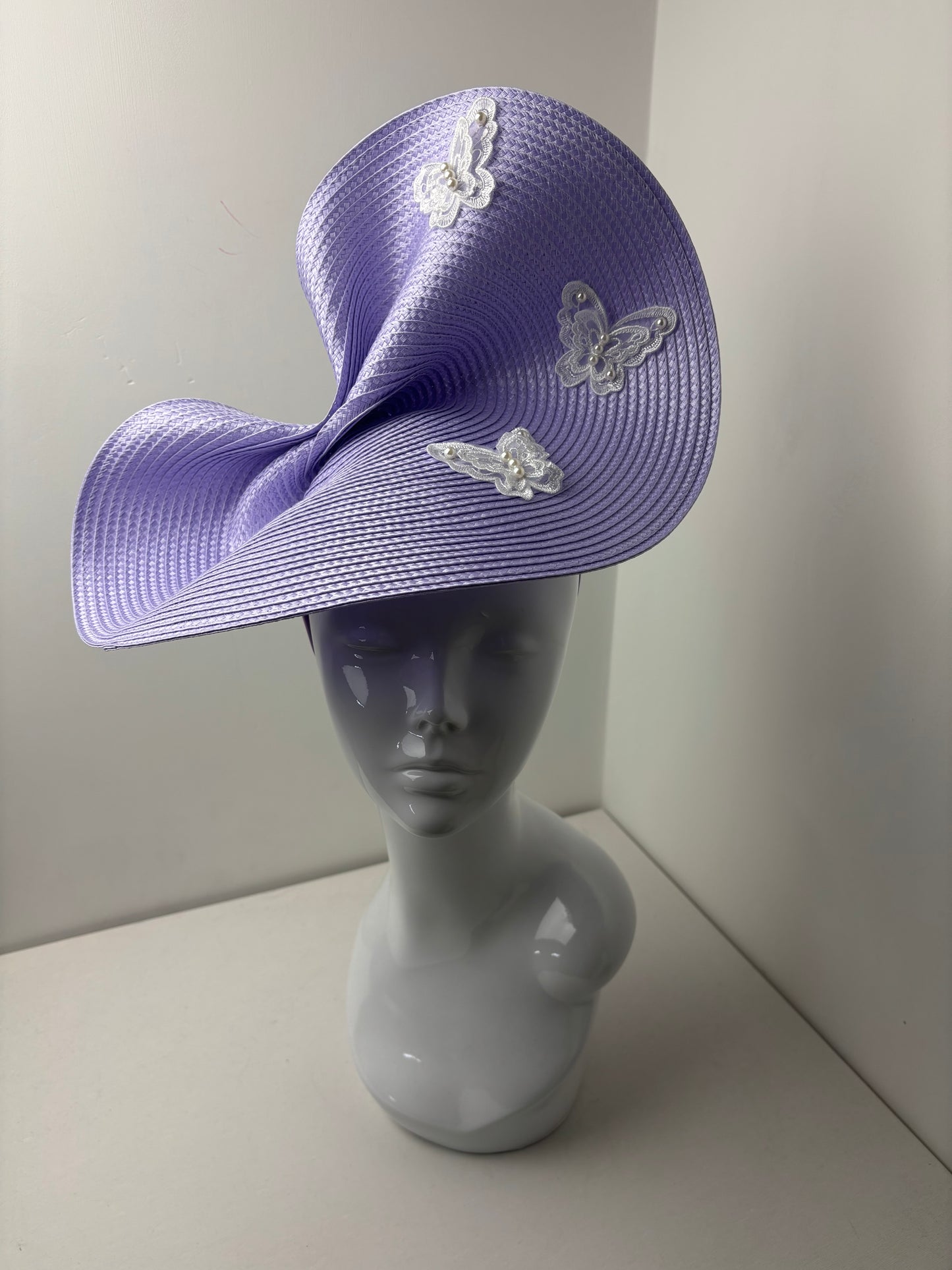 Bespoke Lilac Pearl Butterfly Sculptural Occasion Hatinator
