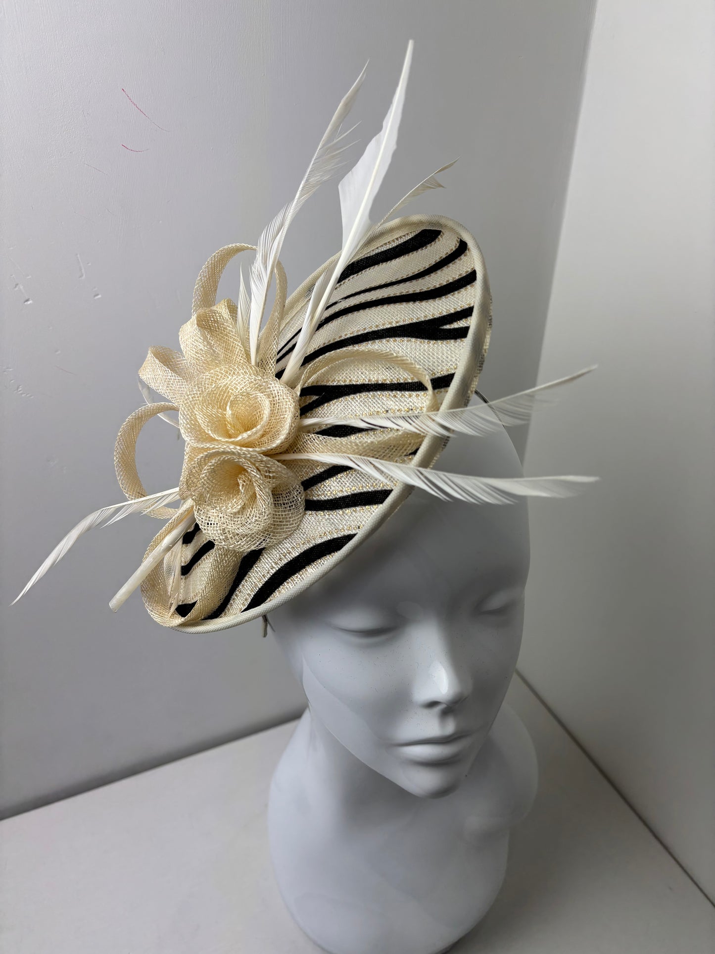 Bespoke Metallic Cream and Black Zebra Print Fascinator