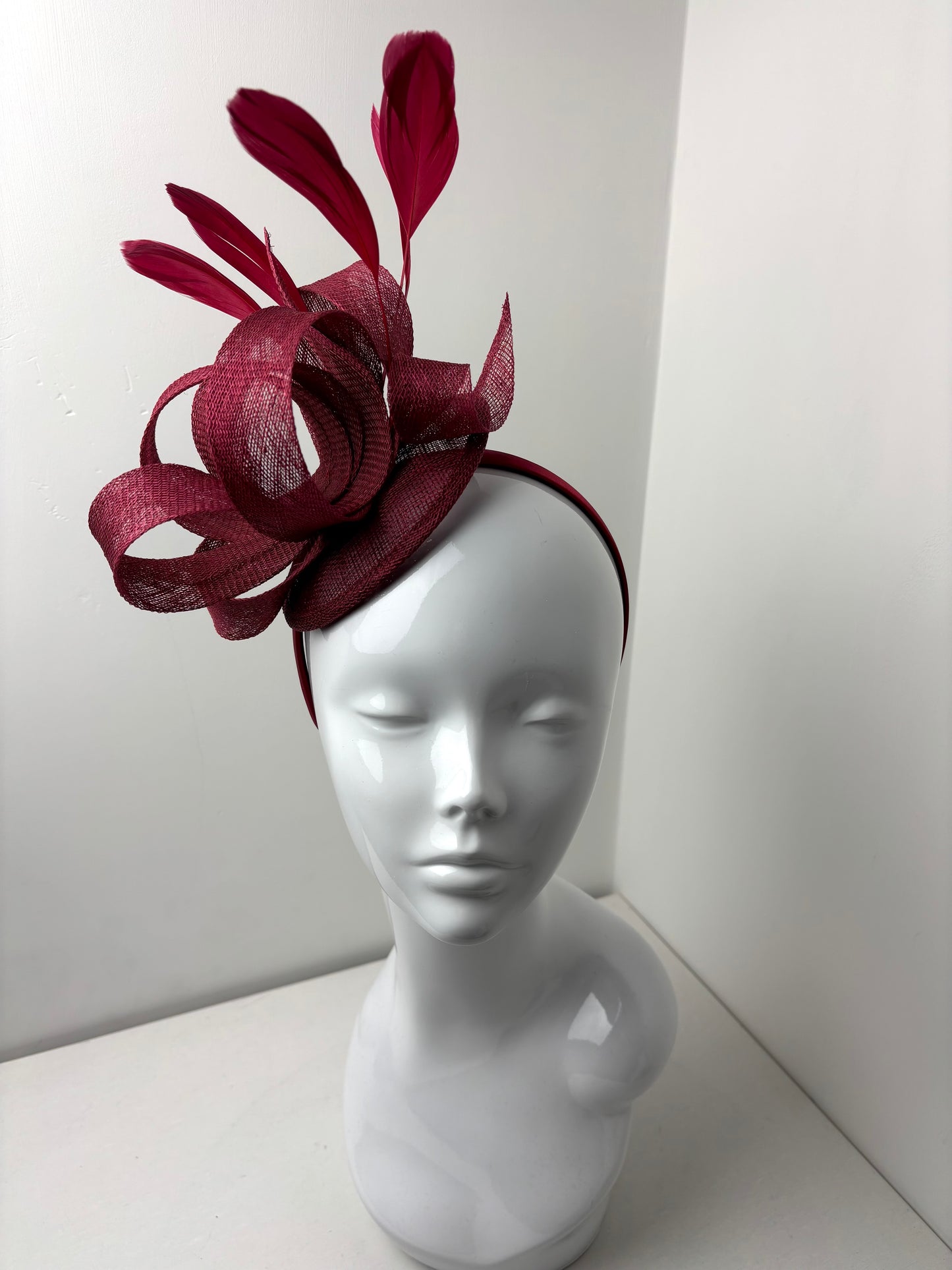 Bespoke Burgundy Sinamay Feather Fascinator
