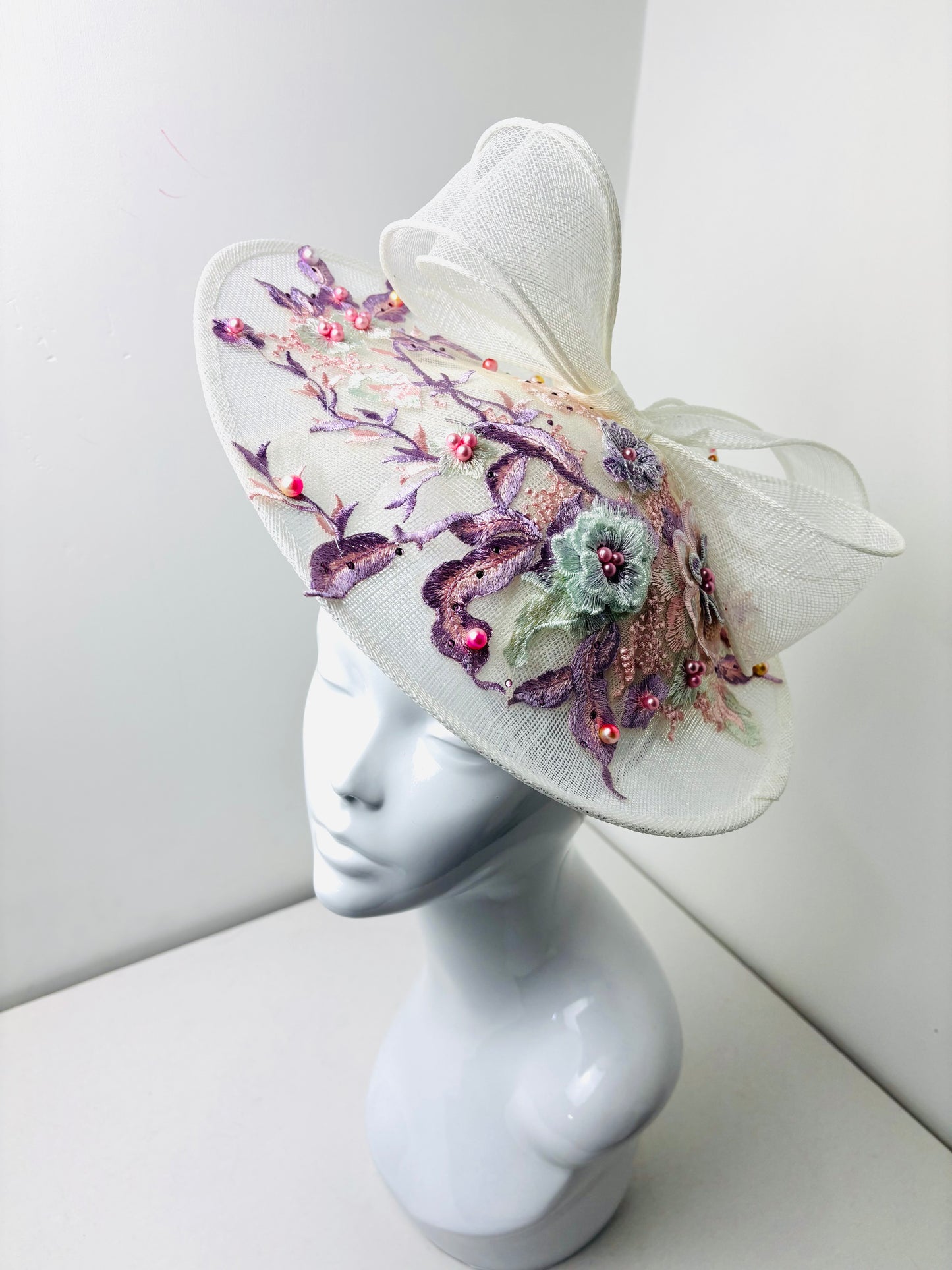 Bespoke White Embroidered Sinamay Fascinator