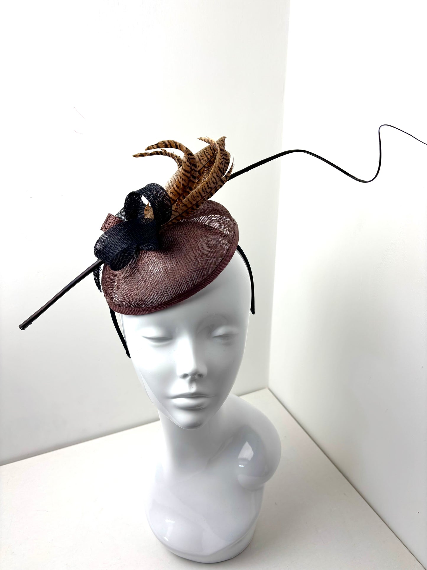 Bespoke Brown Sinamay Fascinator with Pheasant Feathers & Black Bow Detail