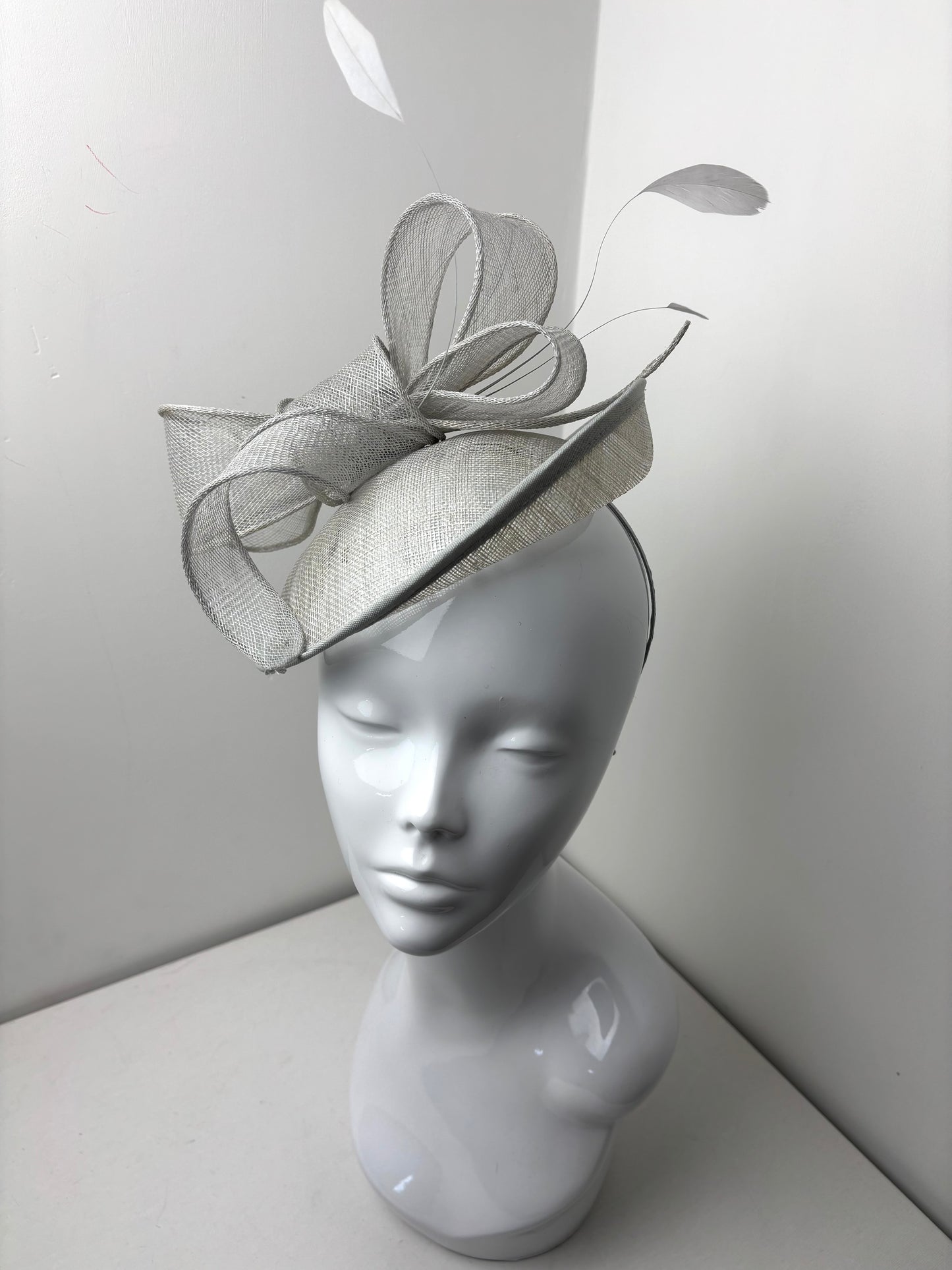 Bespoke Elegant Grey Sinamay Fascinator with Sculpted Bow & Feathers