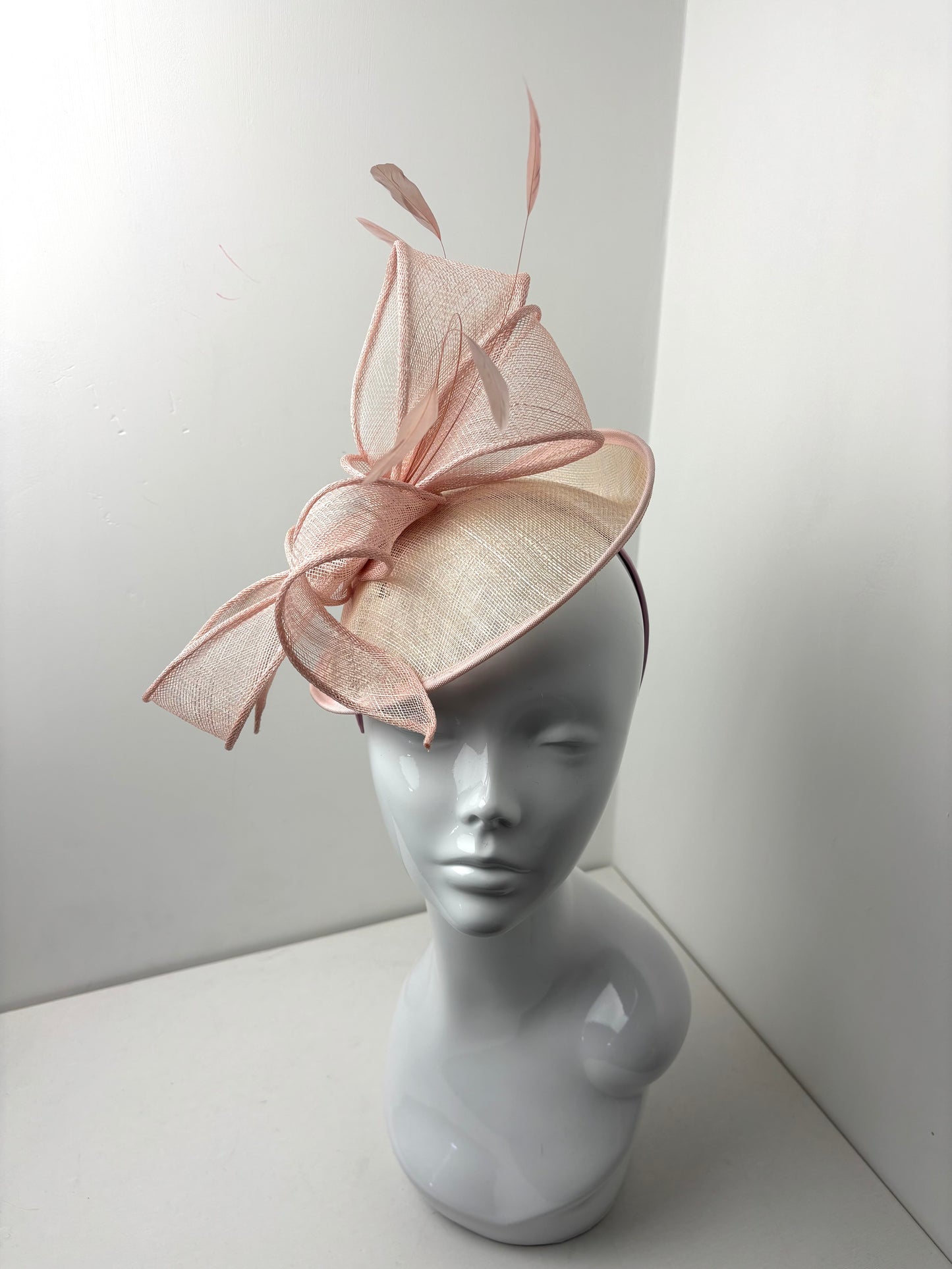 Bespoke Pale Pink Sinamay Fascinator with Handcrafted Bow & Coque Feathers