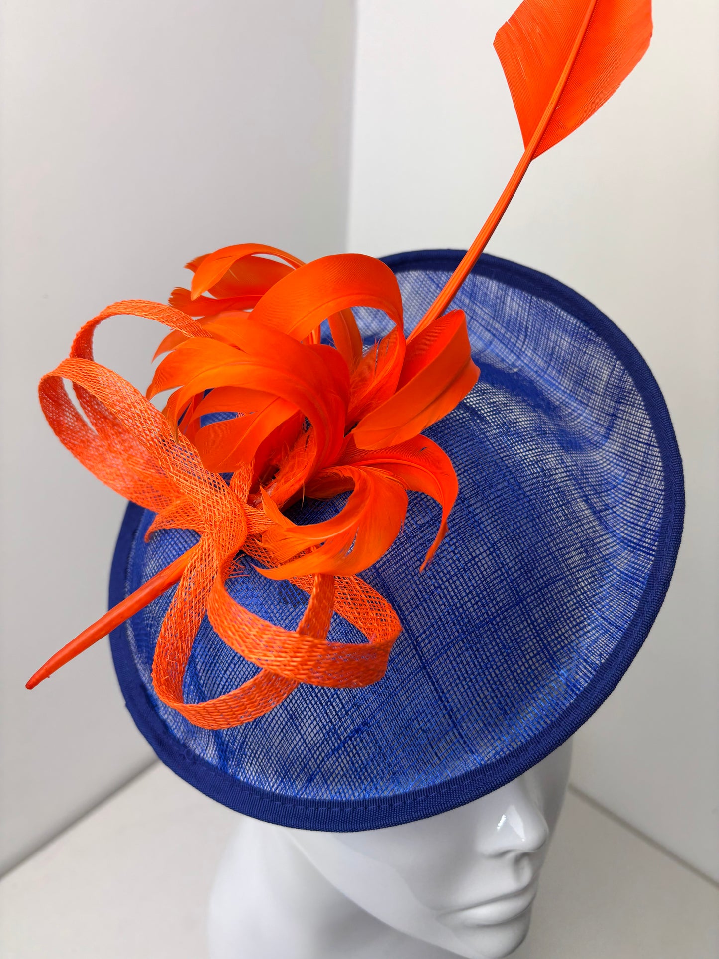 Bespoke Royal Blue & Bright Orange Statement Fascinator with Arrowhead Quill
