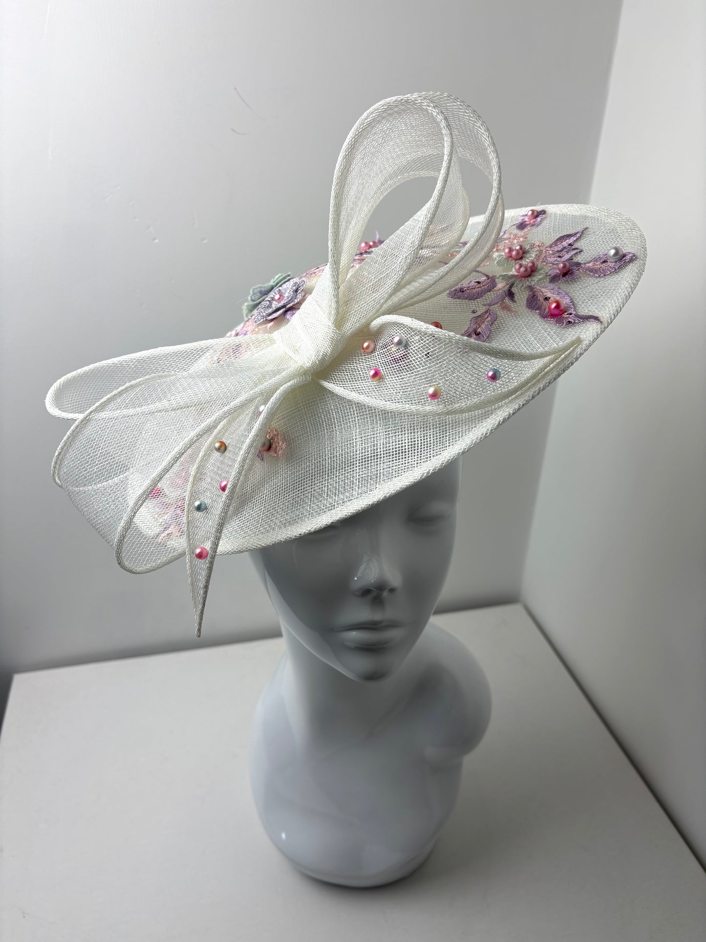 Bespoke White Embroidered Sinamay Fascinator