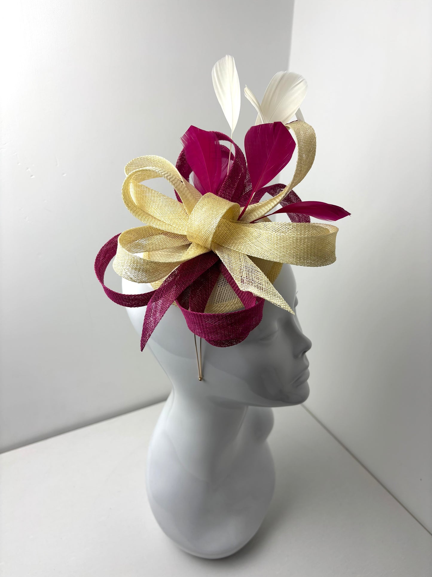 Bespoke Sinamay Sweep Butter Yellow and Fuchsia Pink Fascinator