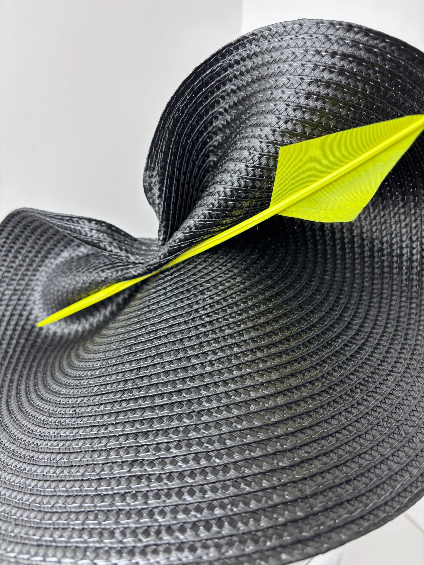 Black Swiss Braid Hatinator with Neon Yellow Quill | Contemporary Wedding, Ascot & Race Day Headpiece