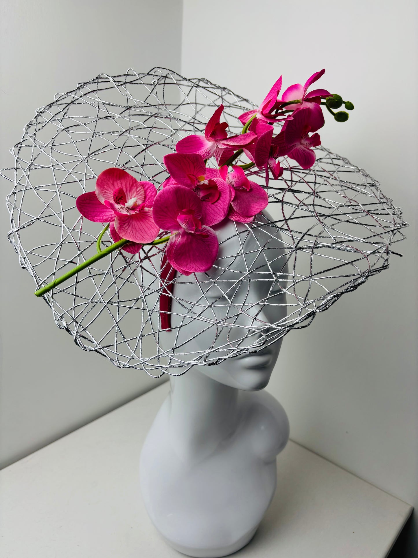 Fuchsia Orchid Halo Fascinator on Pink Satin Headband