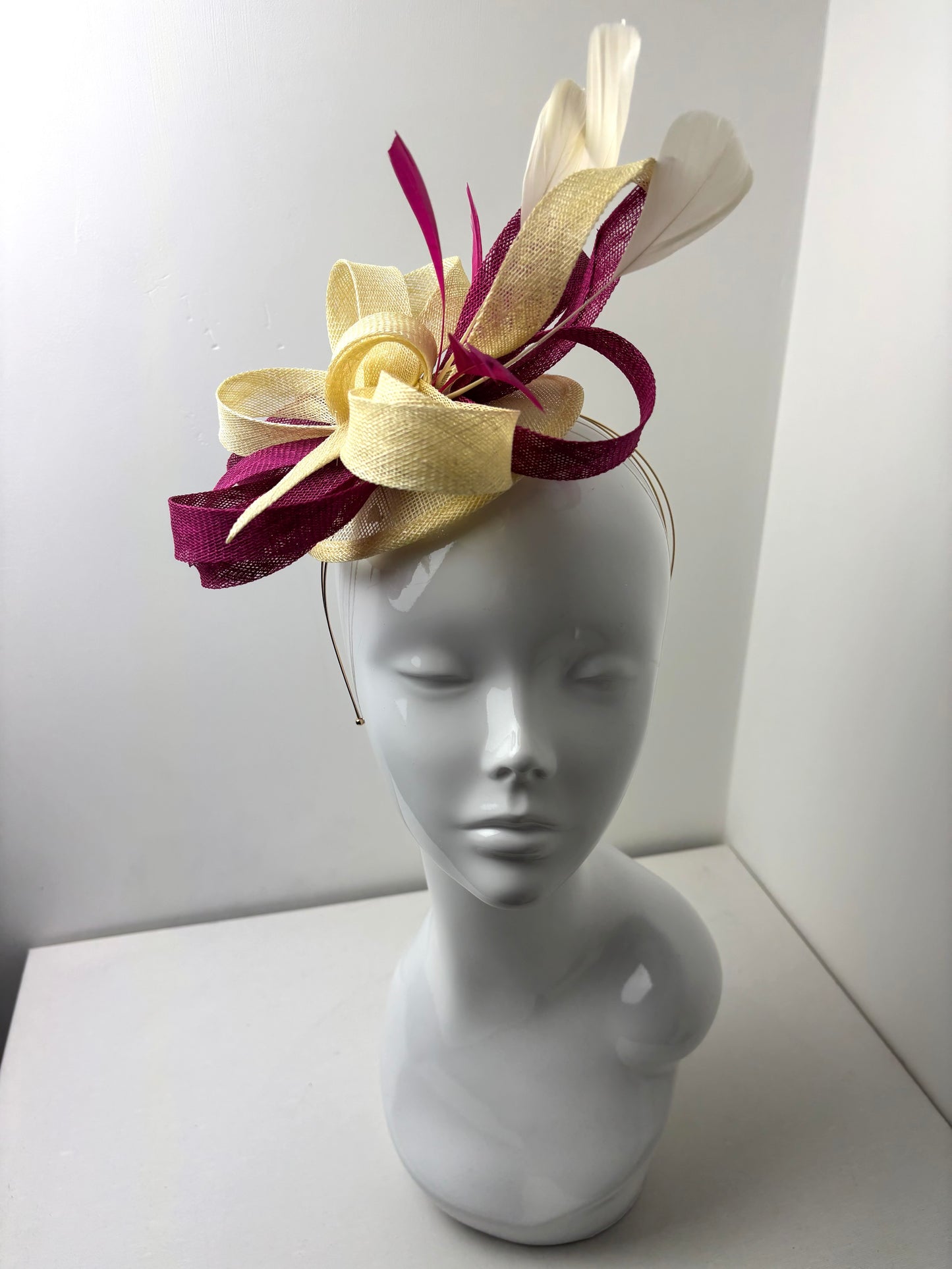 Bespoke Sinamay Sweep Butter Yellow and Fuchsia Pink Fascinator