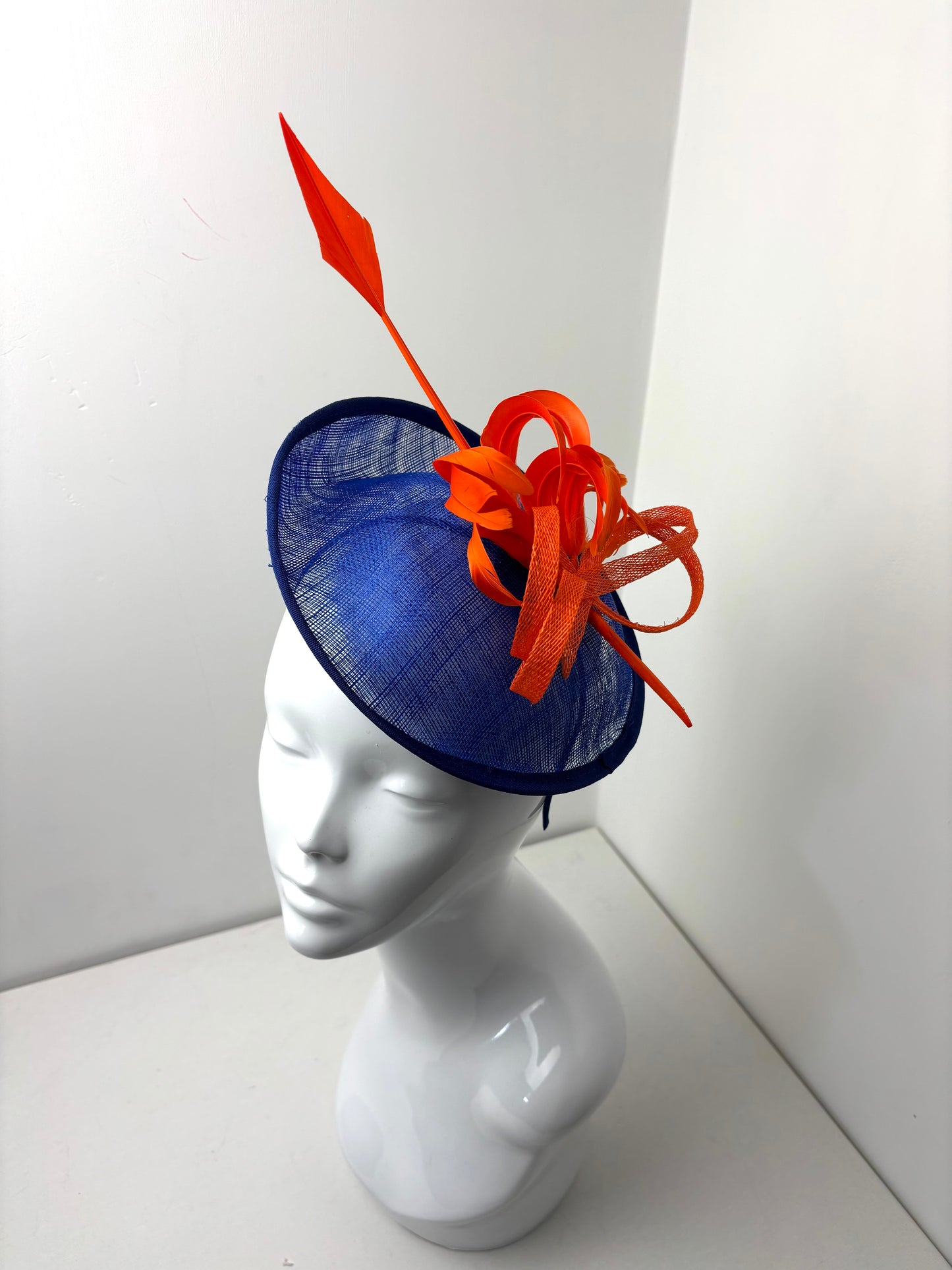 Bespoke Royal Blue & Bright Orange Statement Fascinator with Arrowhead Quill