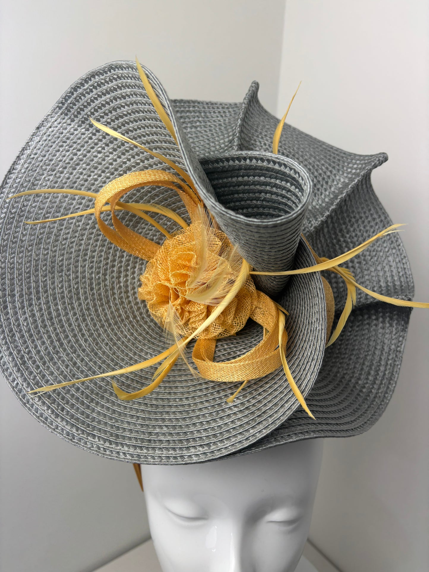 Bespoke Grey & Mustard Metallic Orbital Fascinator