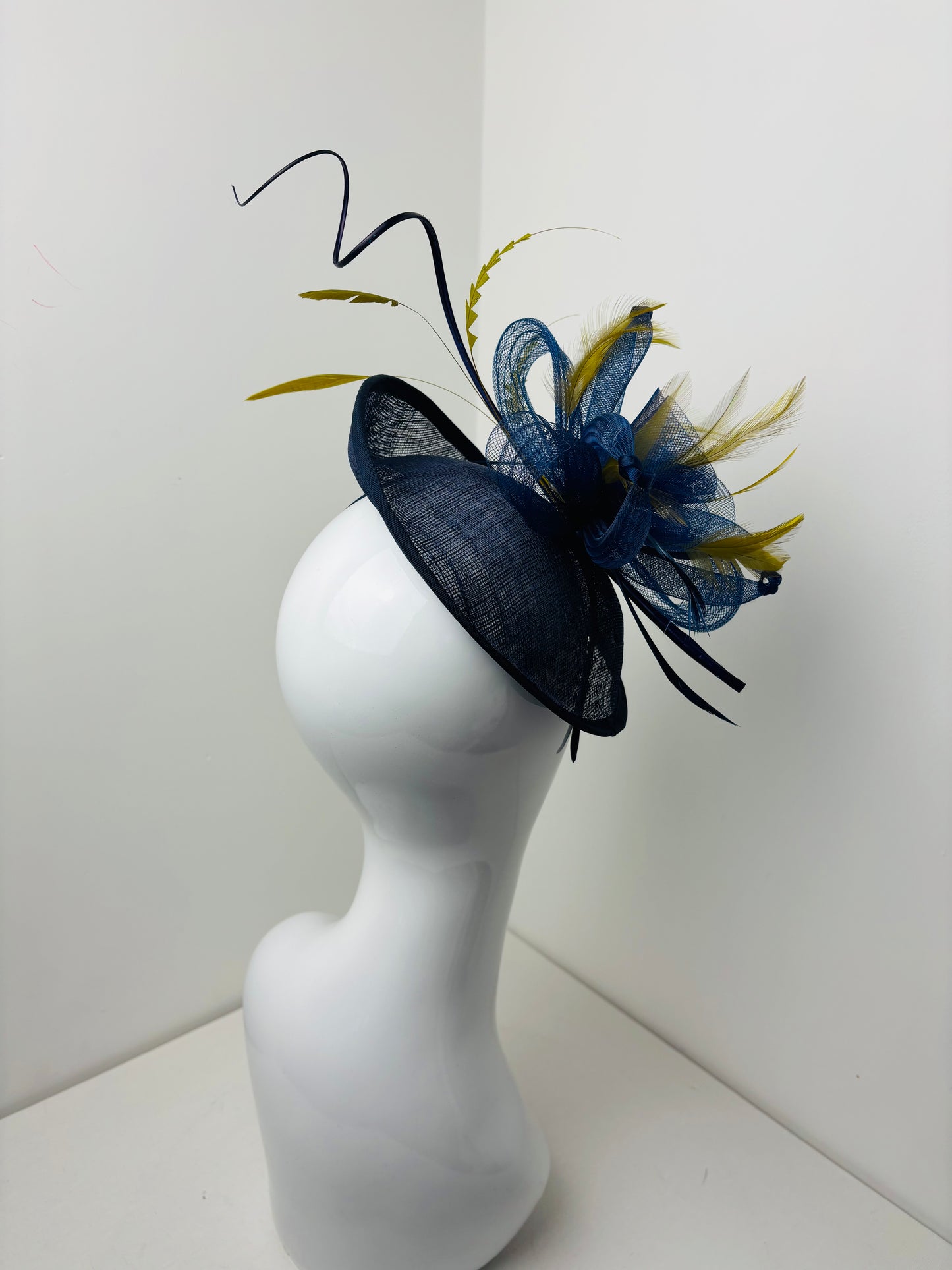 Bespoke Handmade Navy & Chartreuse Disc Feather Fascinator One Off