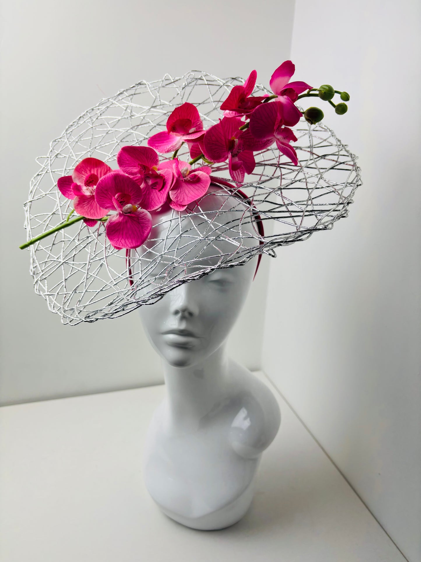 Fuchsia Orchid Halo Fascinator on Pink Satin Headband