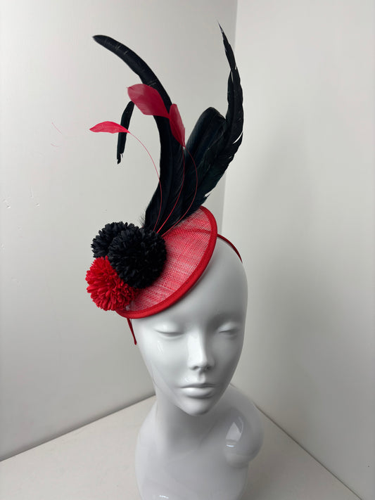 Bespoke Scarlet Noir Feather Fascinator Handmade Red & Black Headpiece