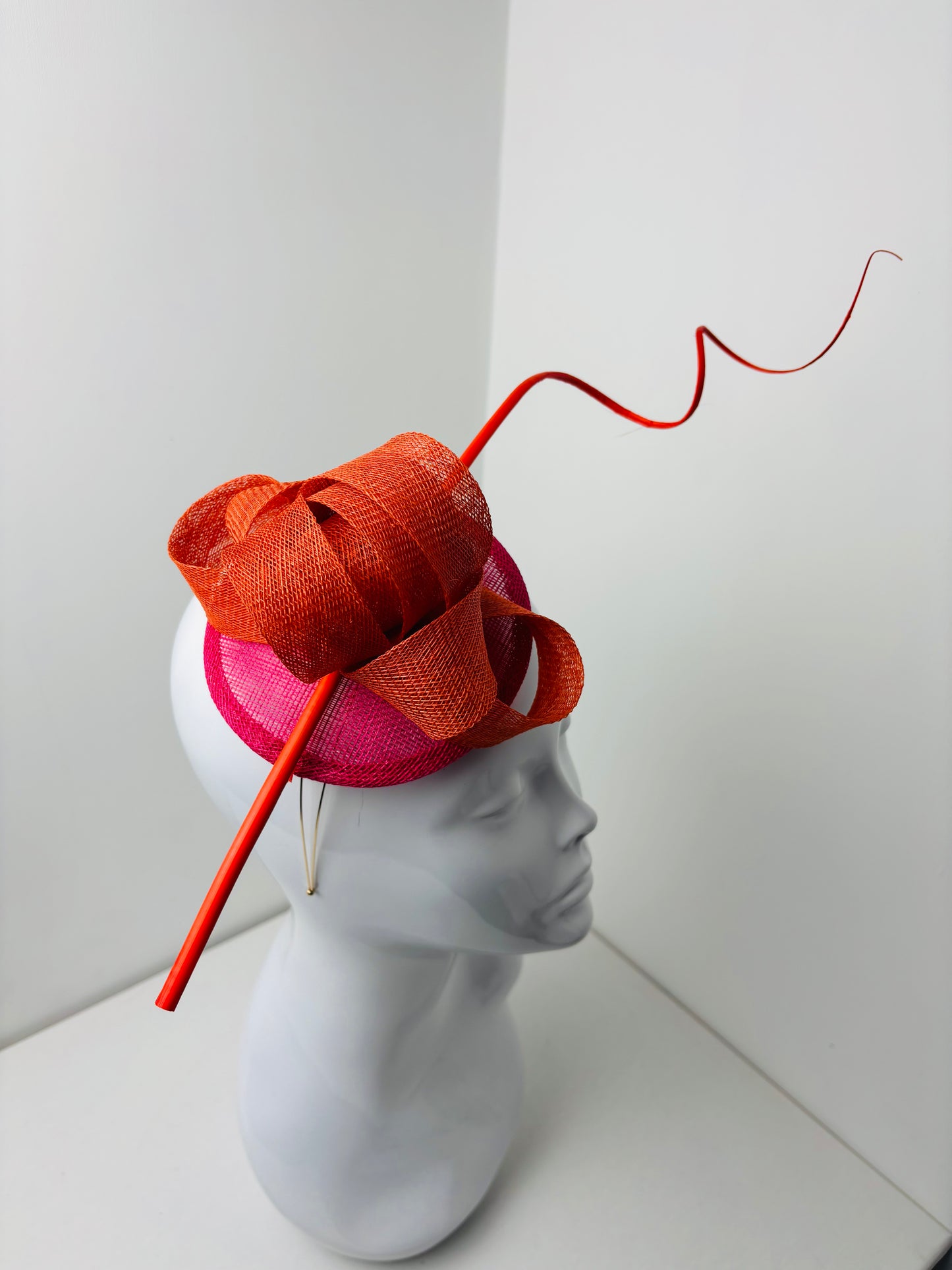 Bespoke Burnt Orange & Fuchsia Sculptural Sinamay Headpiece with Statement Quill