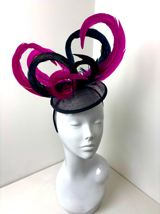 Bespoke Pink & Black Feather Percher Fascinator