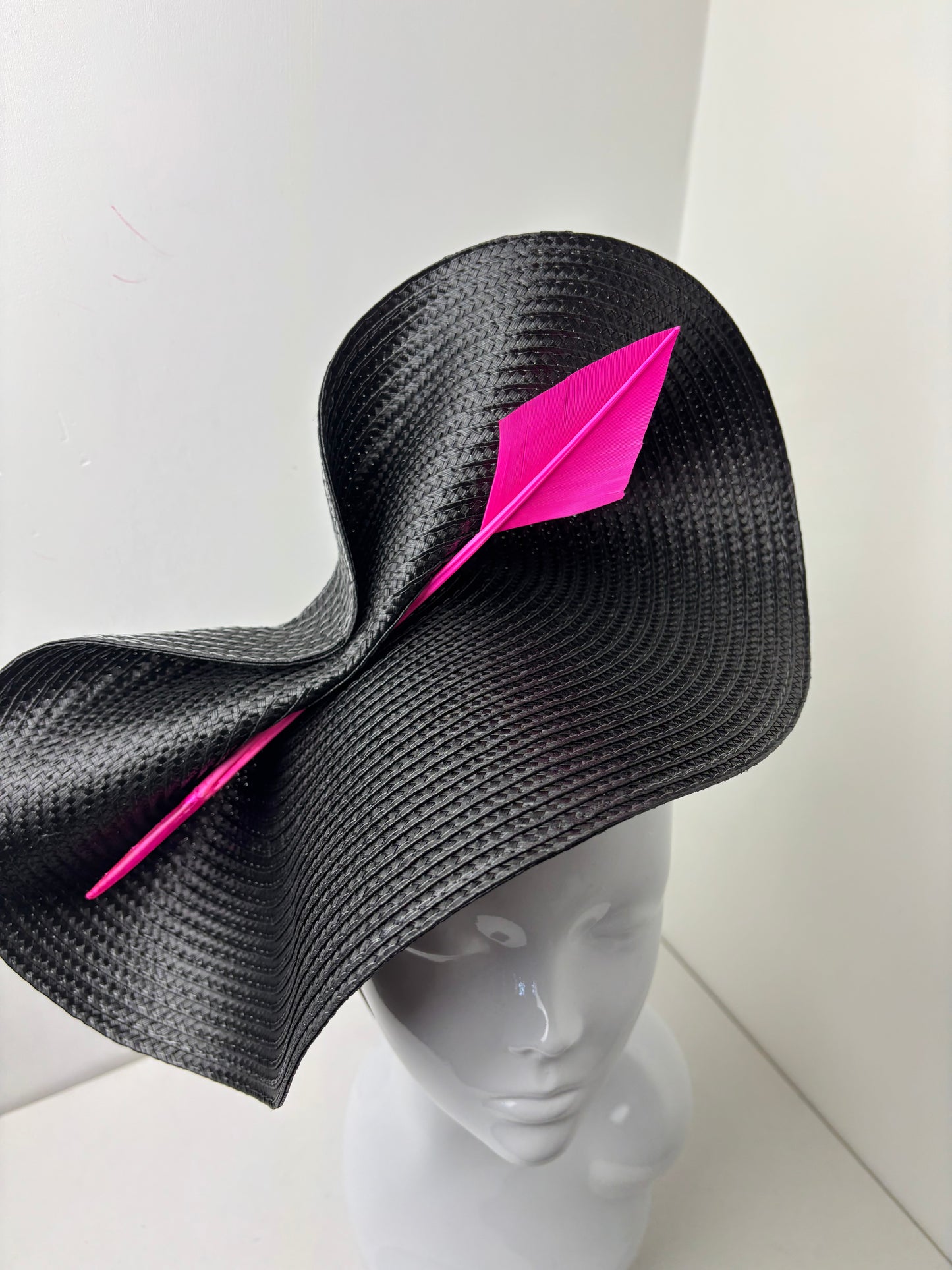 Bespoke Sculptural Black Statement Hatinator with Neon Pink Quill Detail