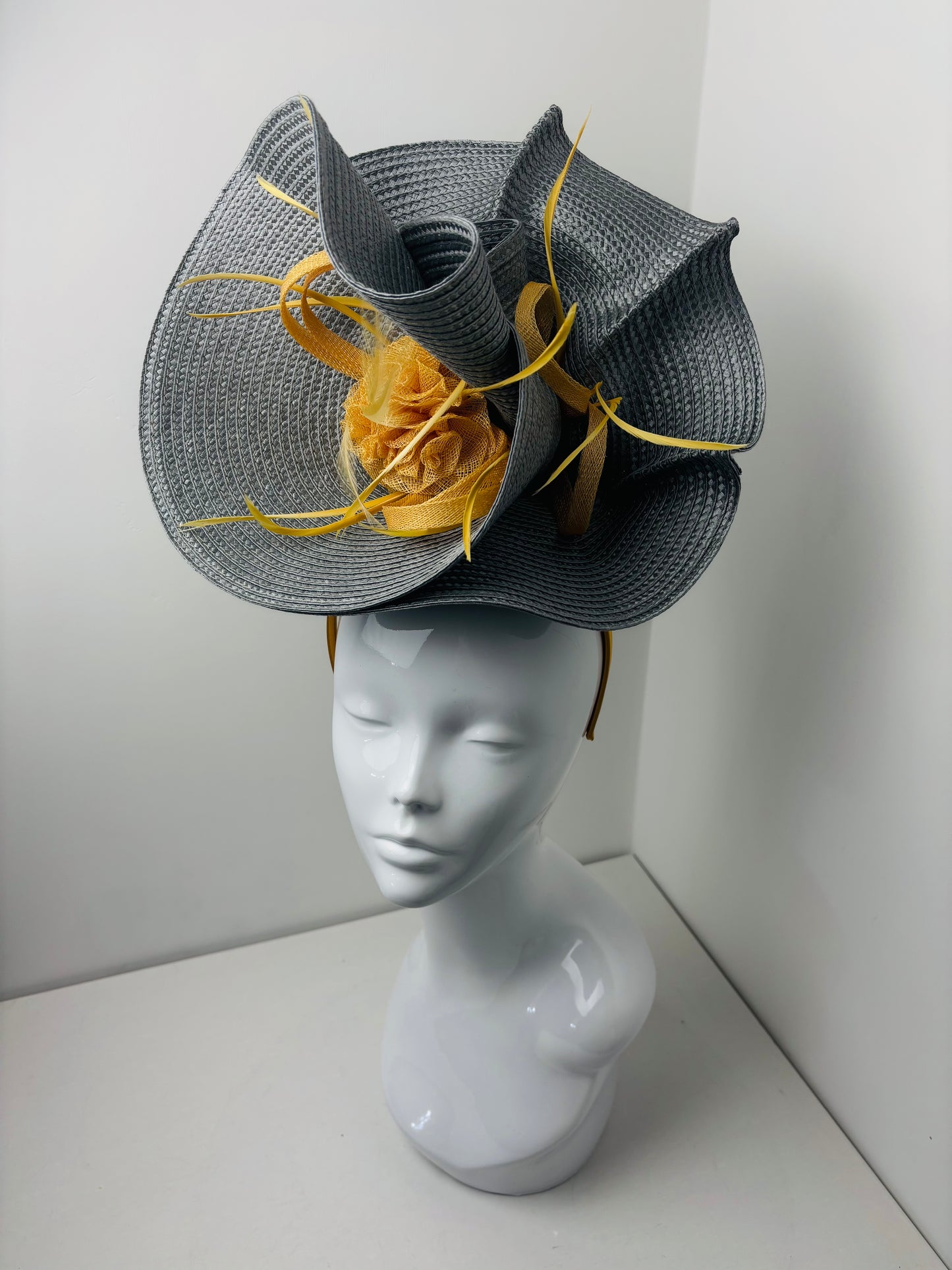 Bespoke Grey & Mustard Metallic Orbital Fascinator