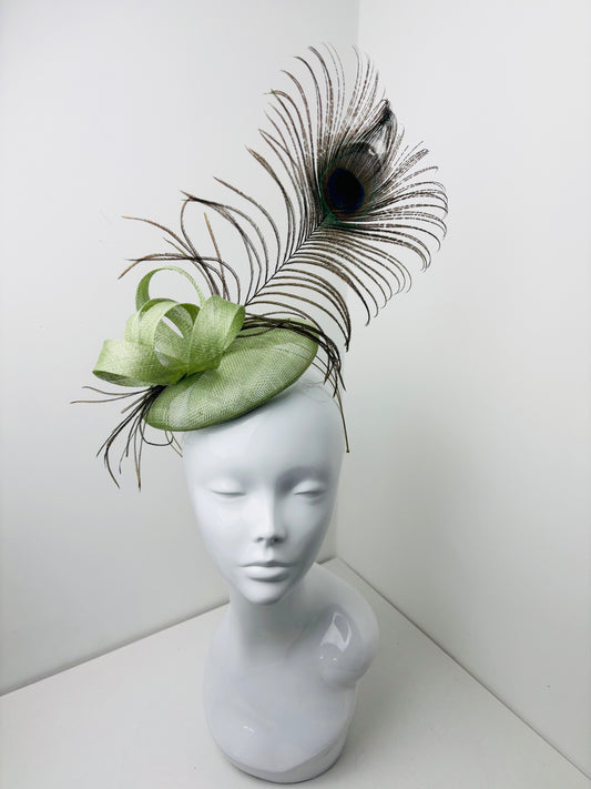 Bespoke Handmade Sage GreenPeacock Feather Pillar Box Fascinator