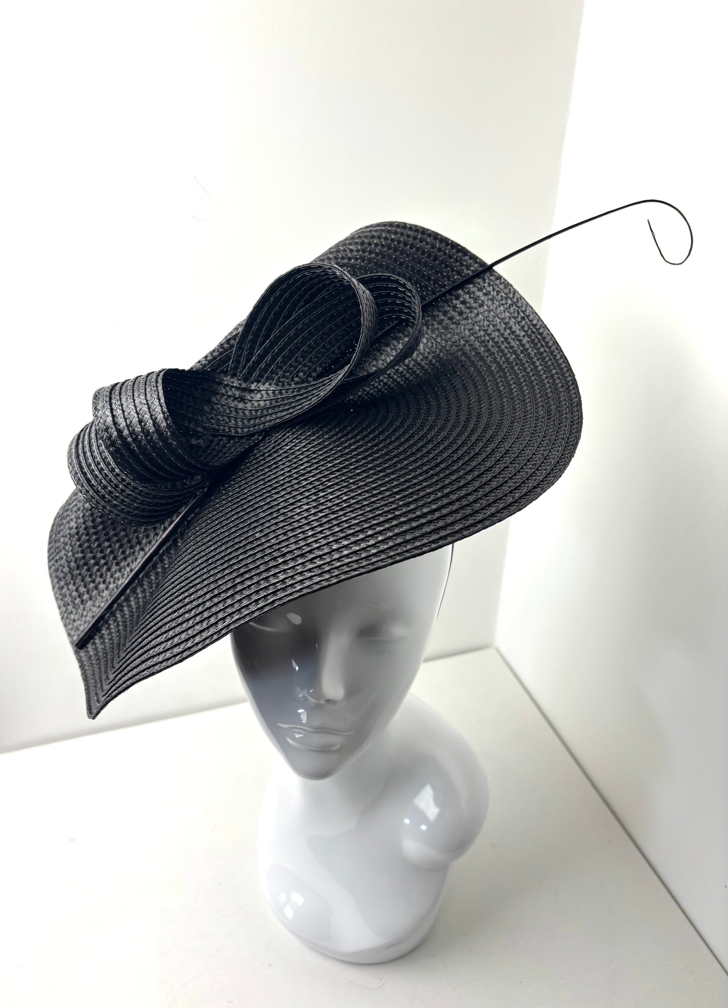 Bespoke Handmade Sculptural Black Fascinator with Stripped Quill
