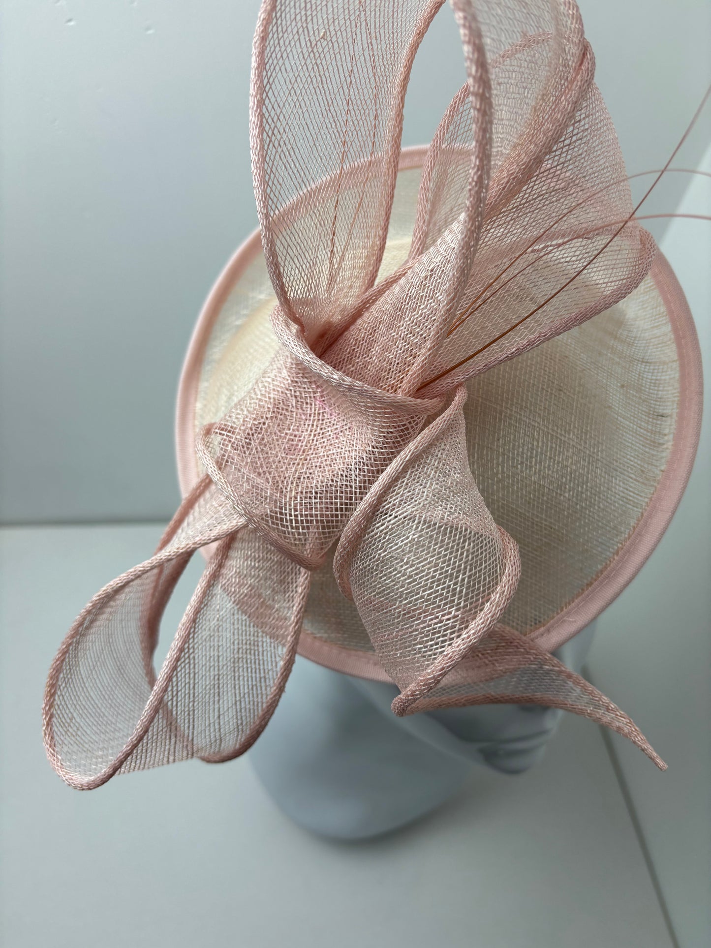 Bespoke Pale Pink Sinamay Fascinator with Handcrafted Bow & Coque Feathers