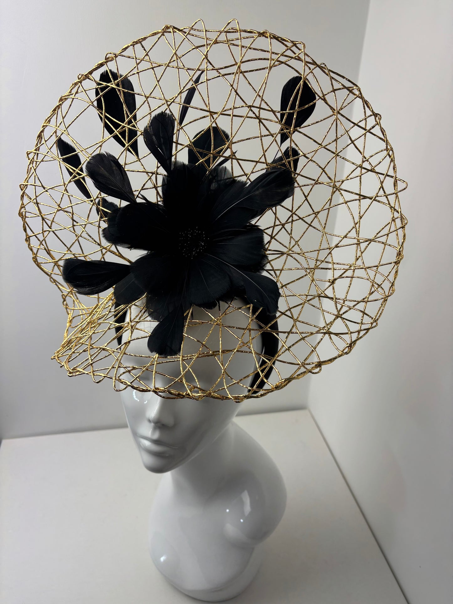Bespoke Gold Wire Halo Headpiece with Black Feather Flower Fascinator