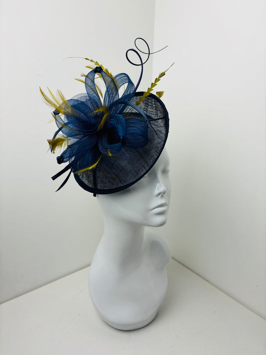 Bespoke Handmade Navy & Chartreuse Disc Feather Fascinator One Off