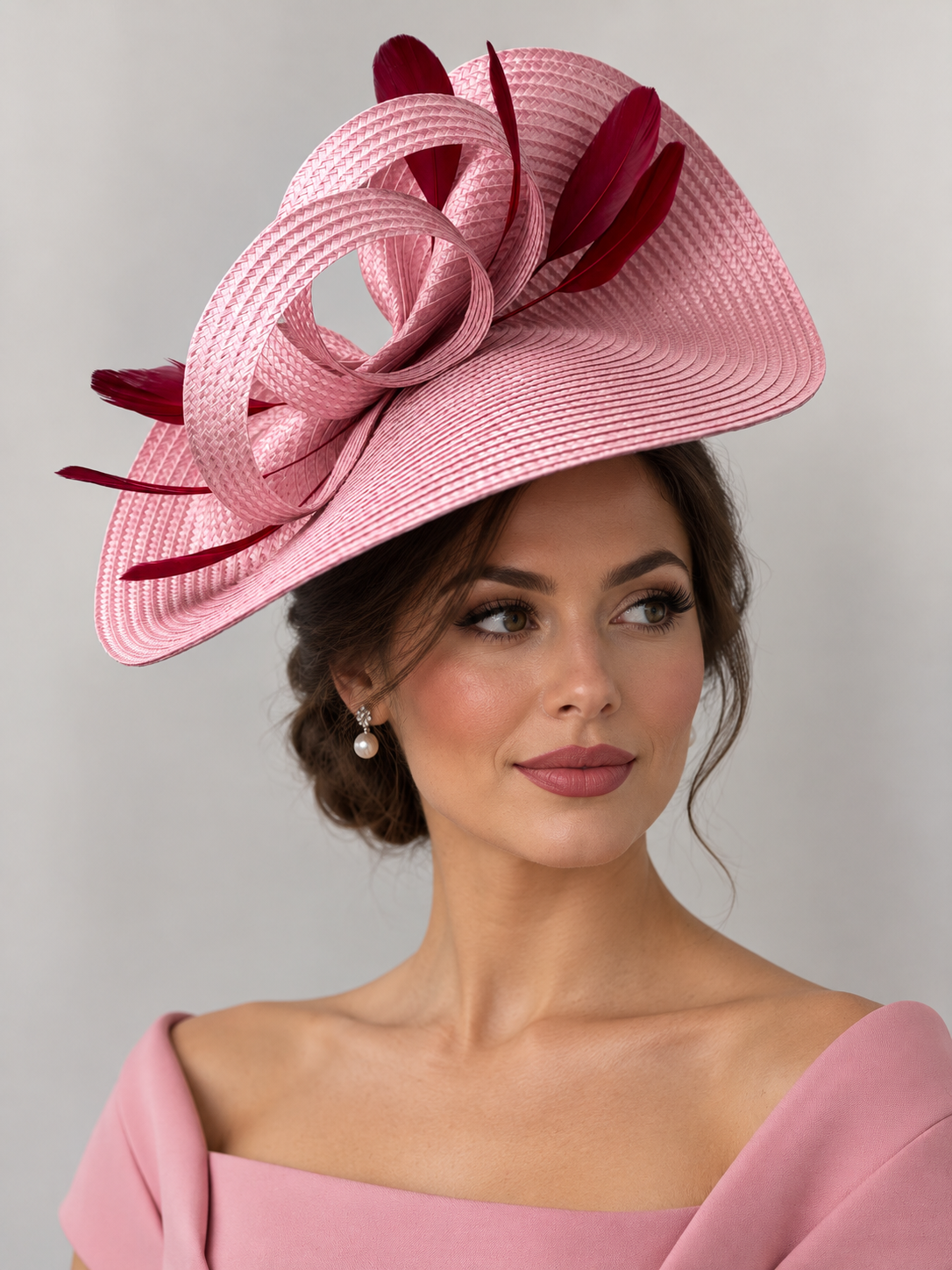 Blush Pink & Burgundy Feather Fascinator Hat – Elegant Statement Occasion Hat – 38cm