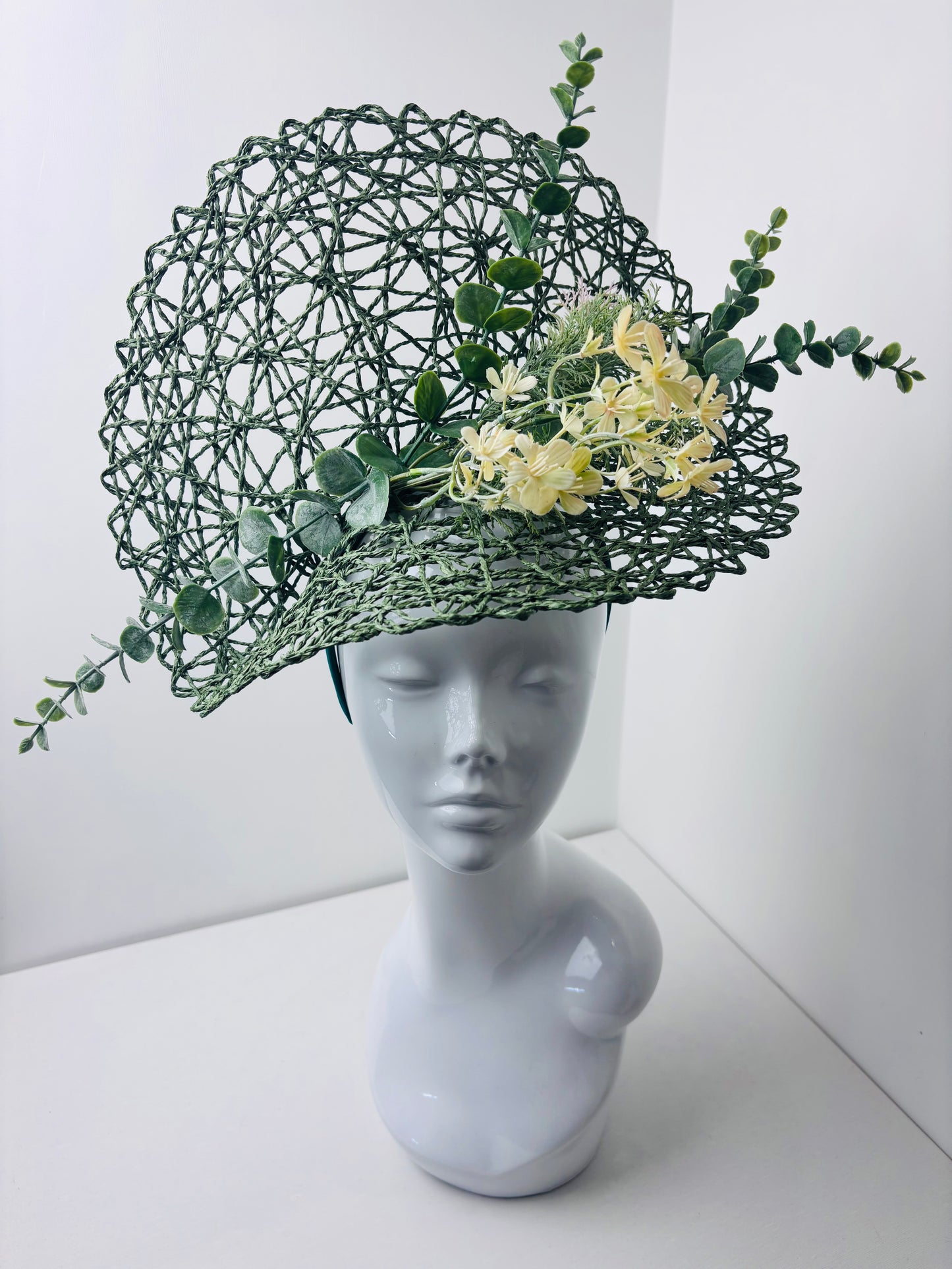 Bespoke Botanical Elegance Statement Green Fascinator