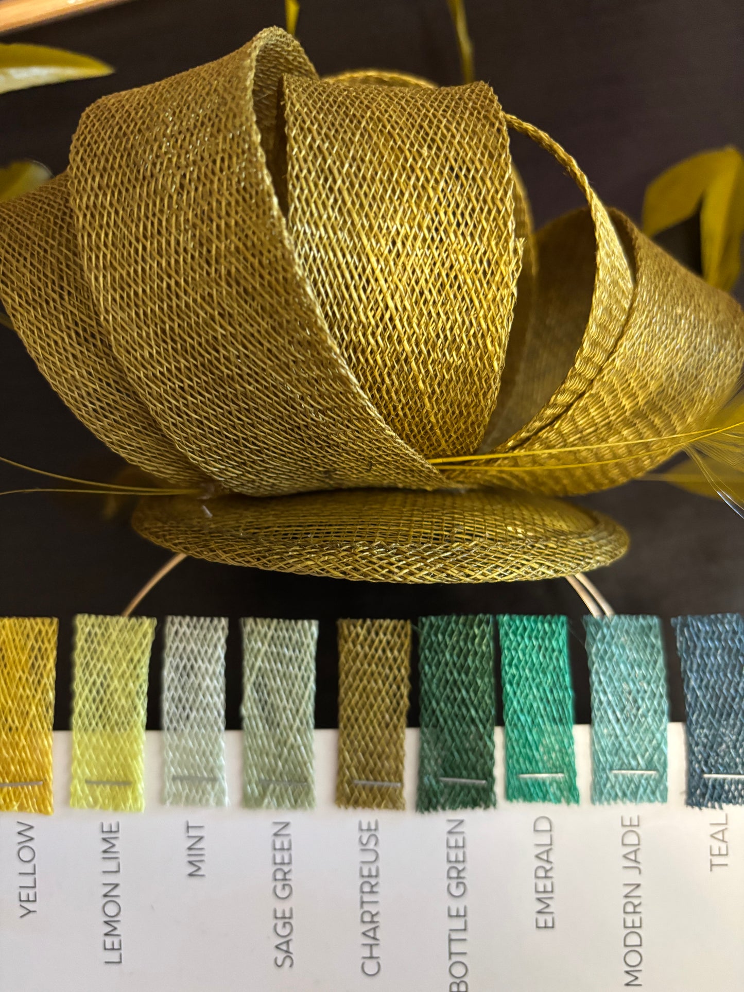 Bespoke Chartreuse Sinamay Swirl Fascinator on Gold Headband