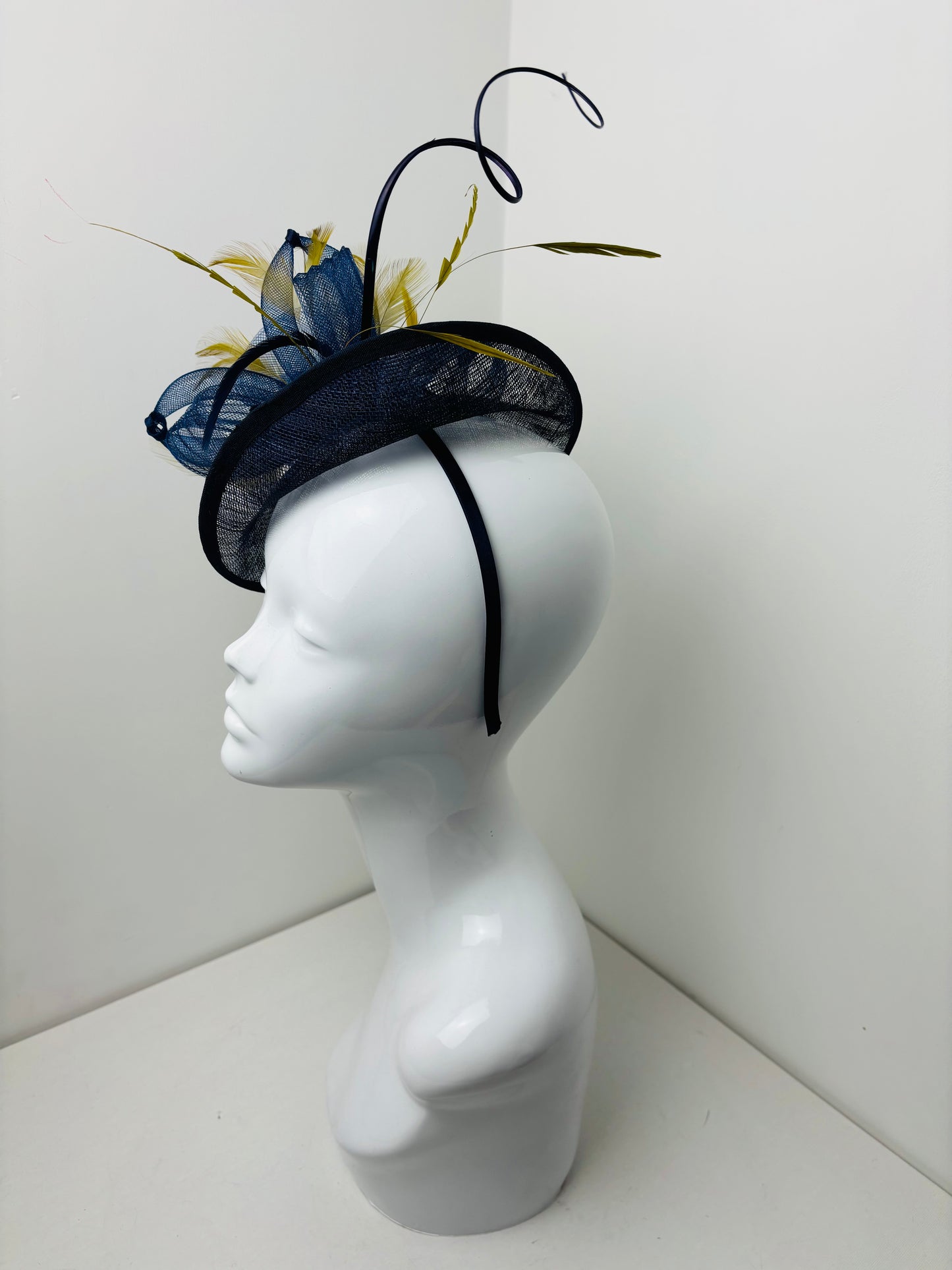 Bespoke Handmade Navy & Chartreuse Disc Feather Fascinator One Off