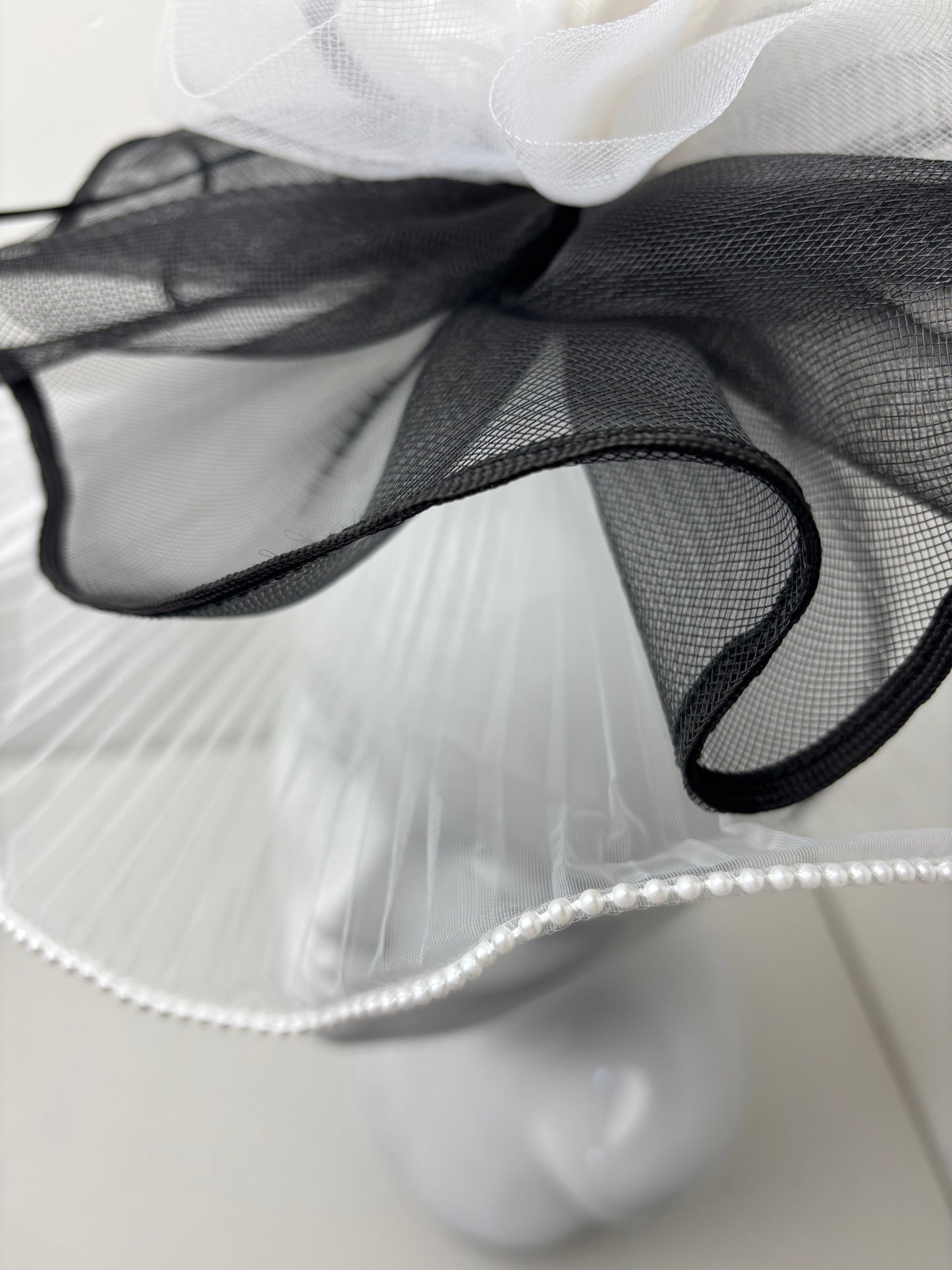 Bespoke Elegant Black and White Statement Fascinator with Pearl Trim