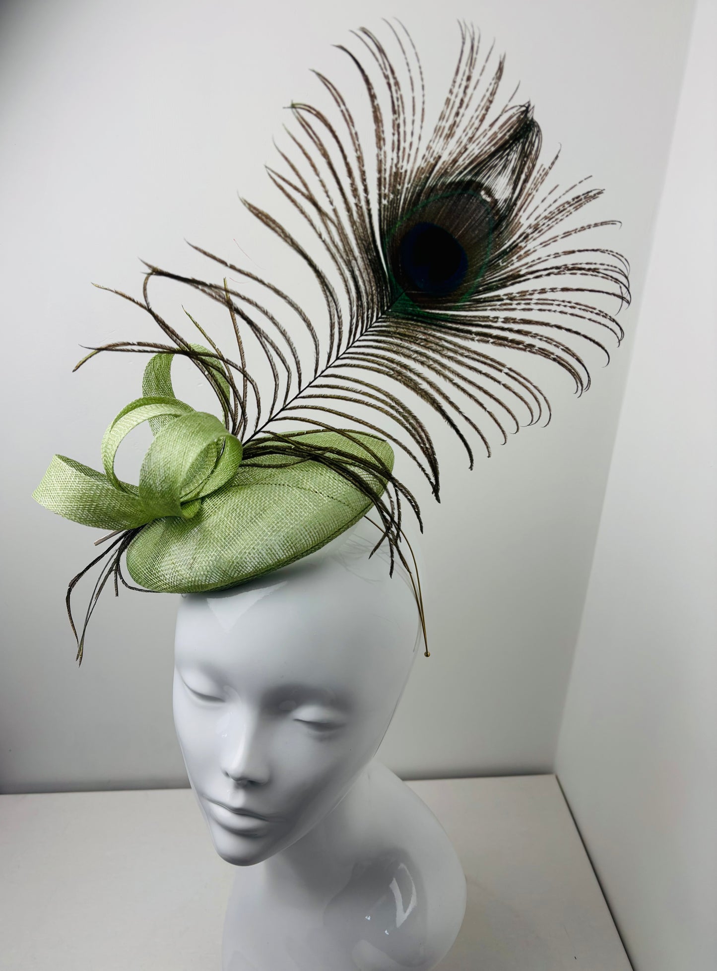 Bespoke Handmade Sage GreenPeacock Feather Pillar Box Fascinator
