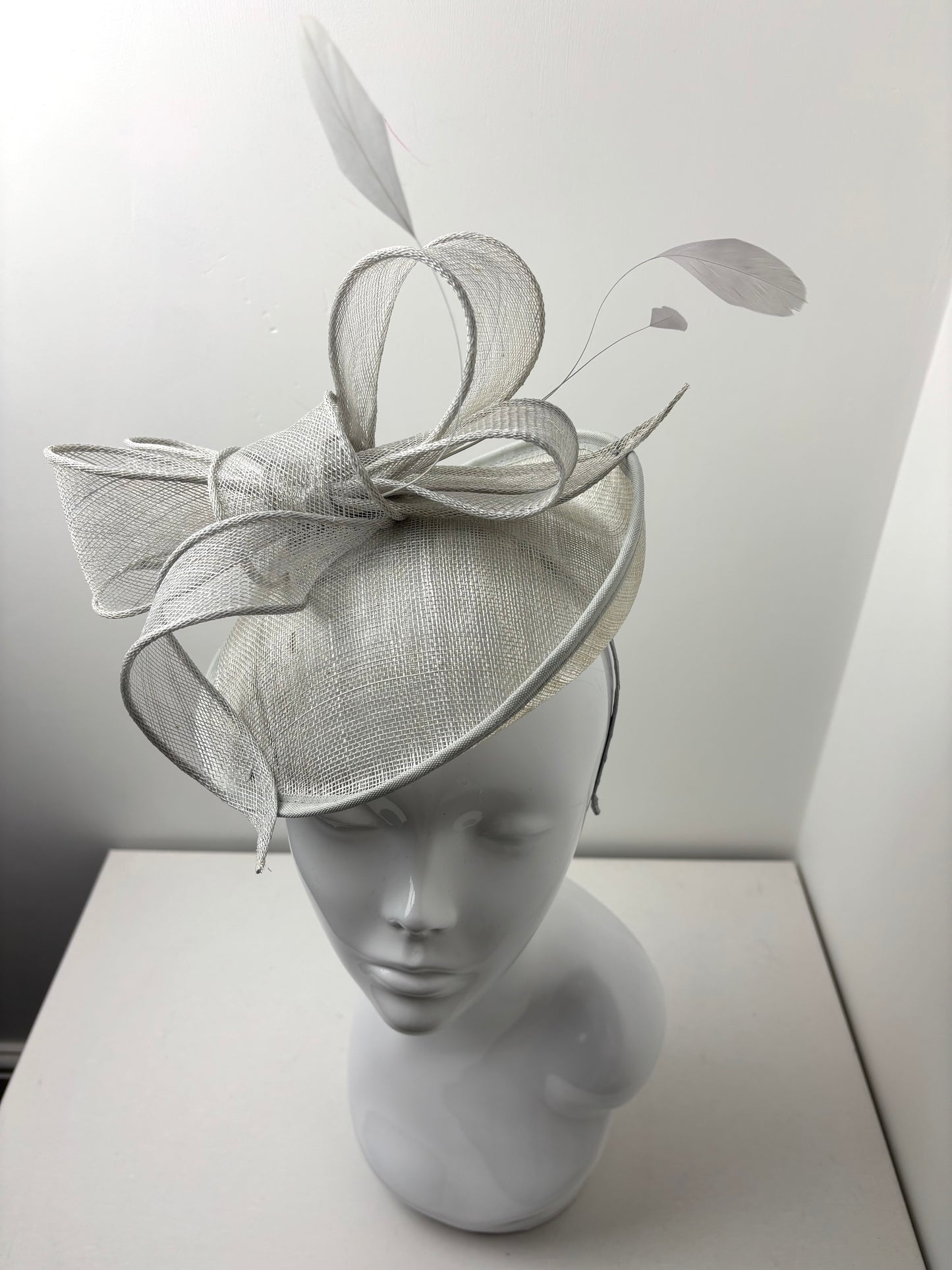 Bespoke Elegant Grey Sinamay Fascinator with Sculpted Bow & Feathers