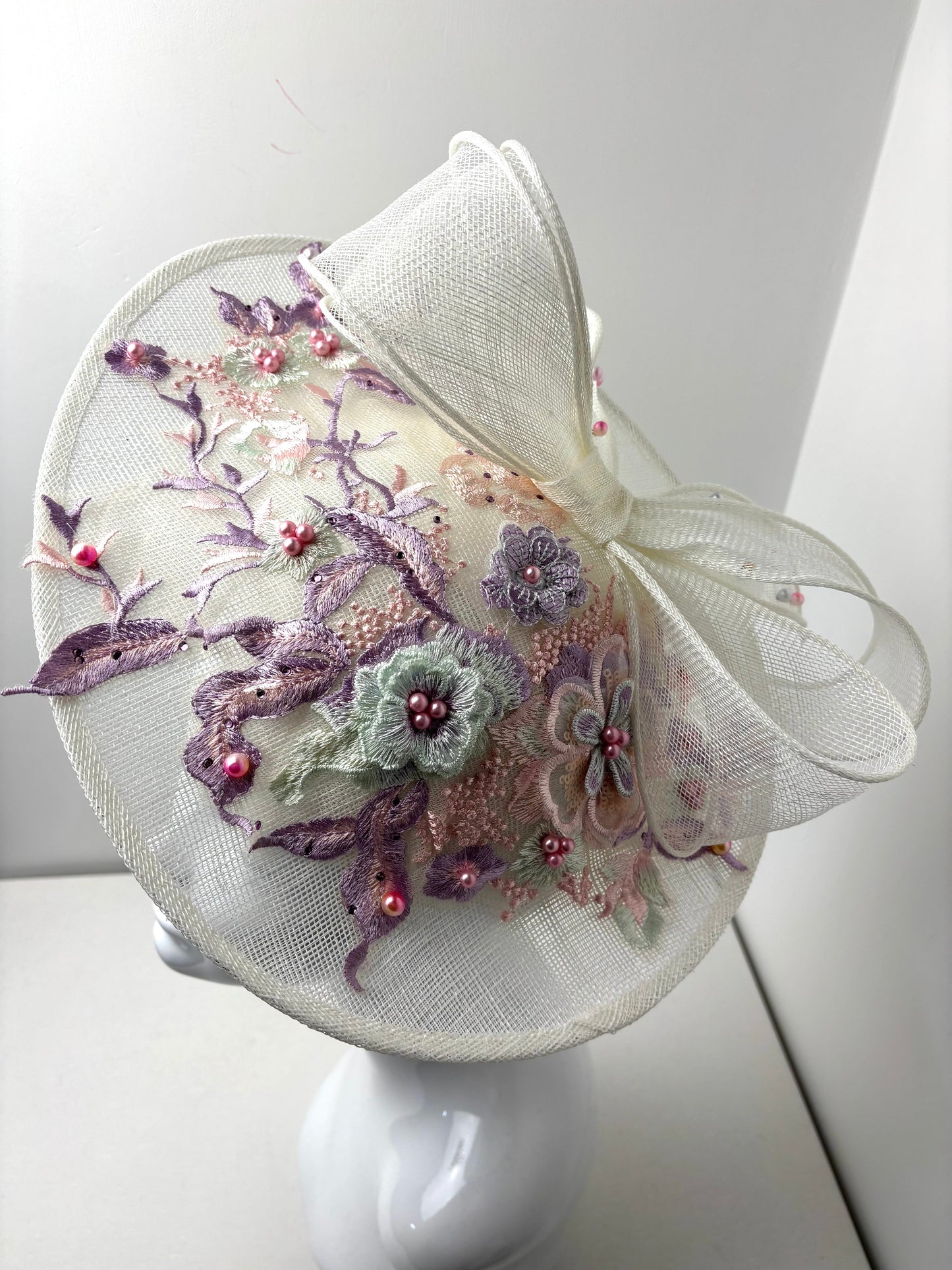Bespoke White Embroidered Sinamay Fascinator