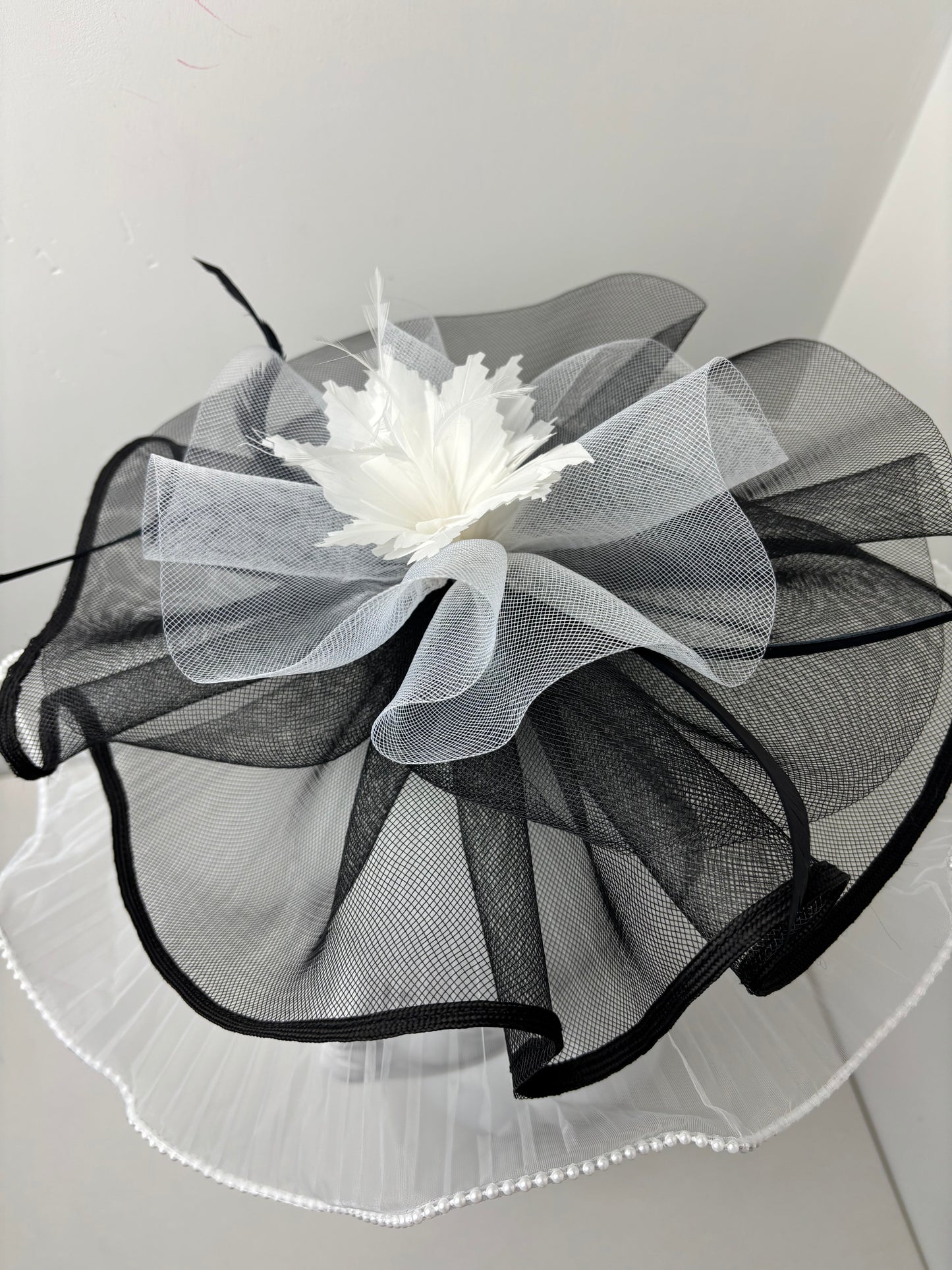 Bespoke Elegant Black and White Statement Fascinator with Pearl Trim