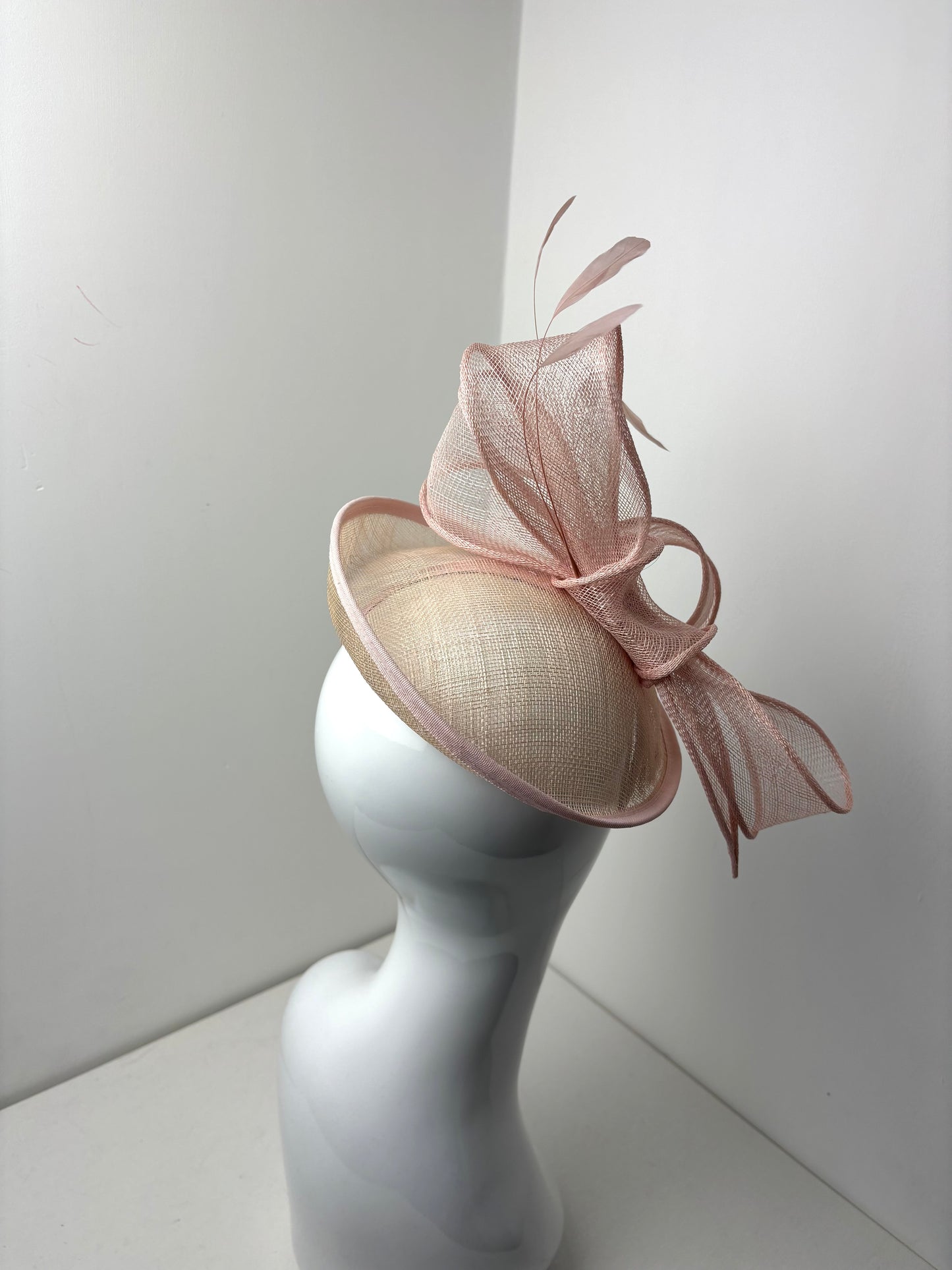 Bespoke Pale Pink Sinamay Fascinator with Handcrafted Bow & Coque Feathers
