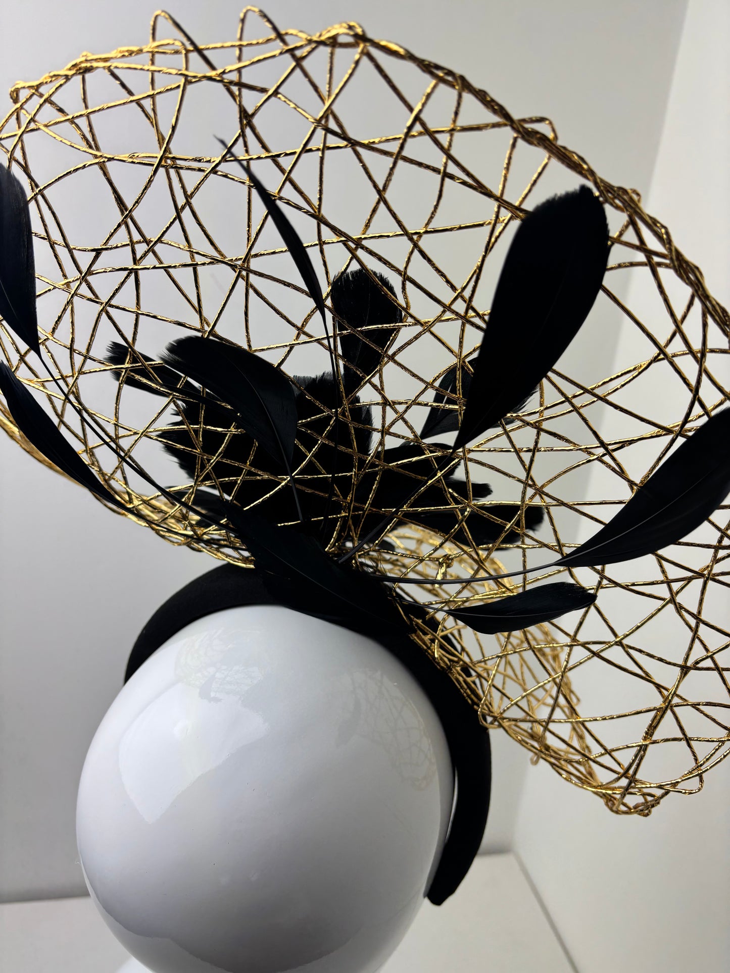 Bespoke Gold Wire Halo Headpiece with Black Feather Flower Fascinator