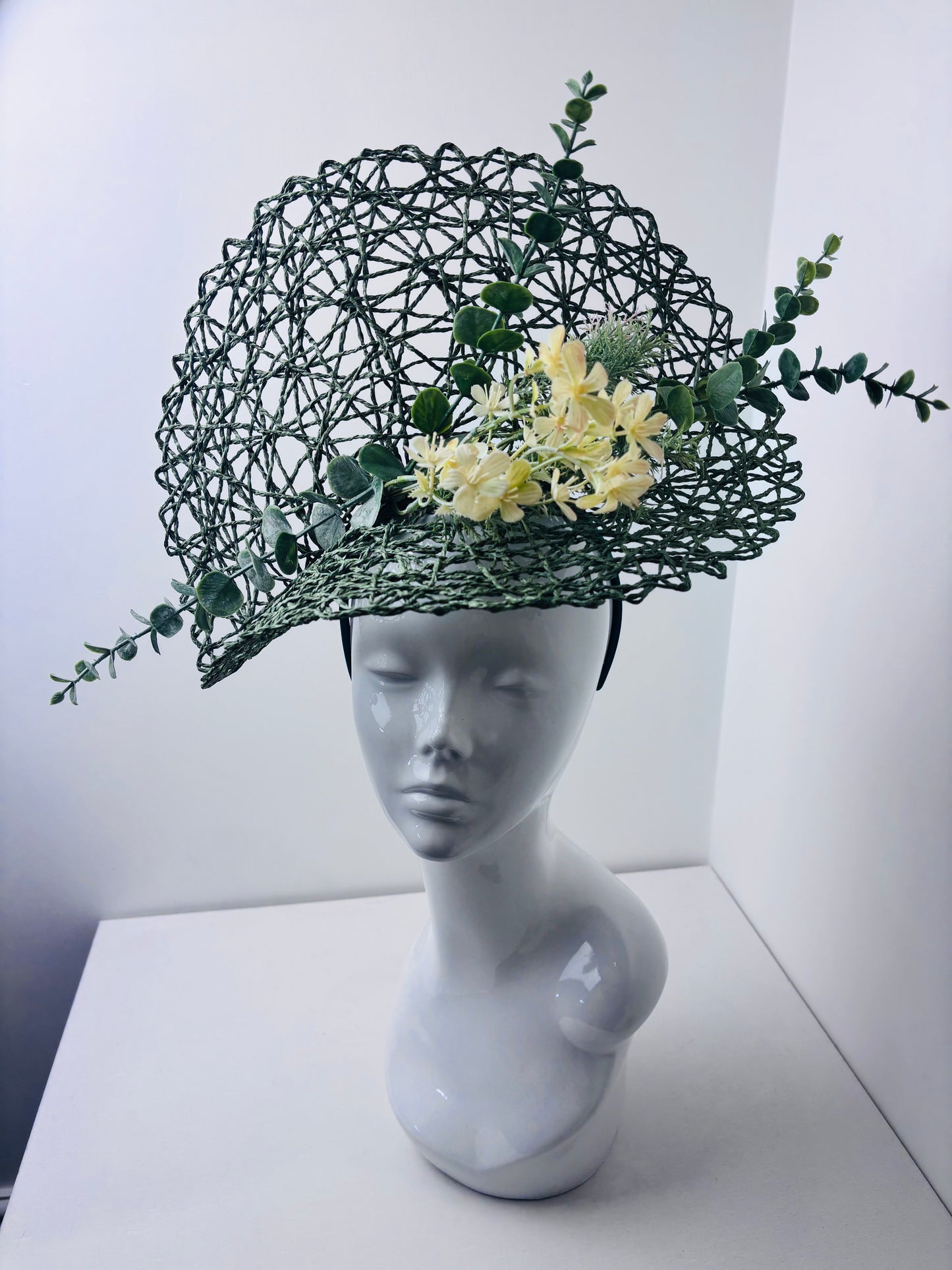 Bespoke Botanical Elegance Statement Green Fascinator