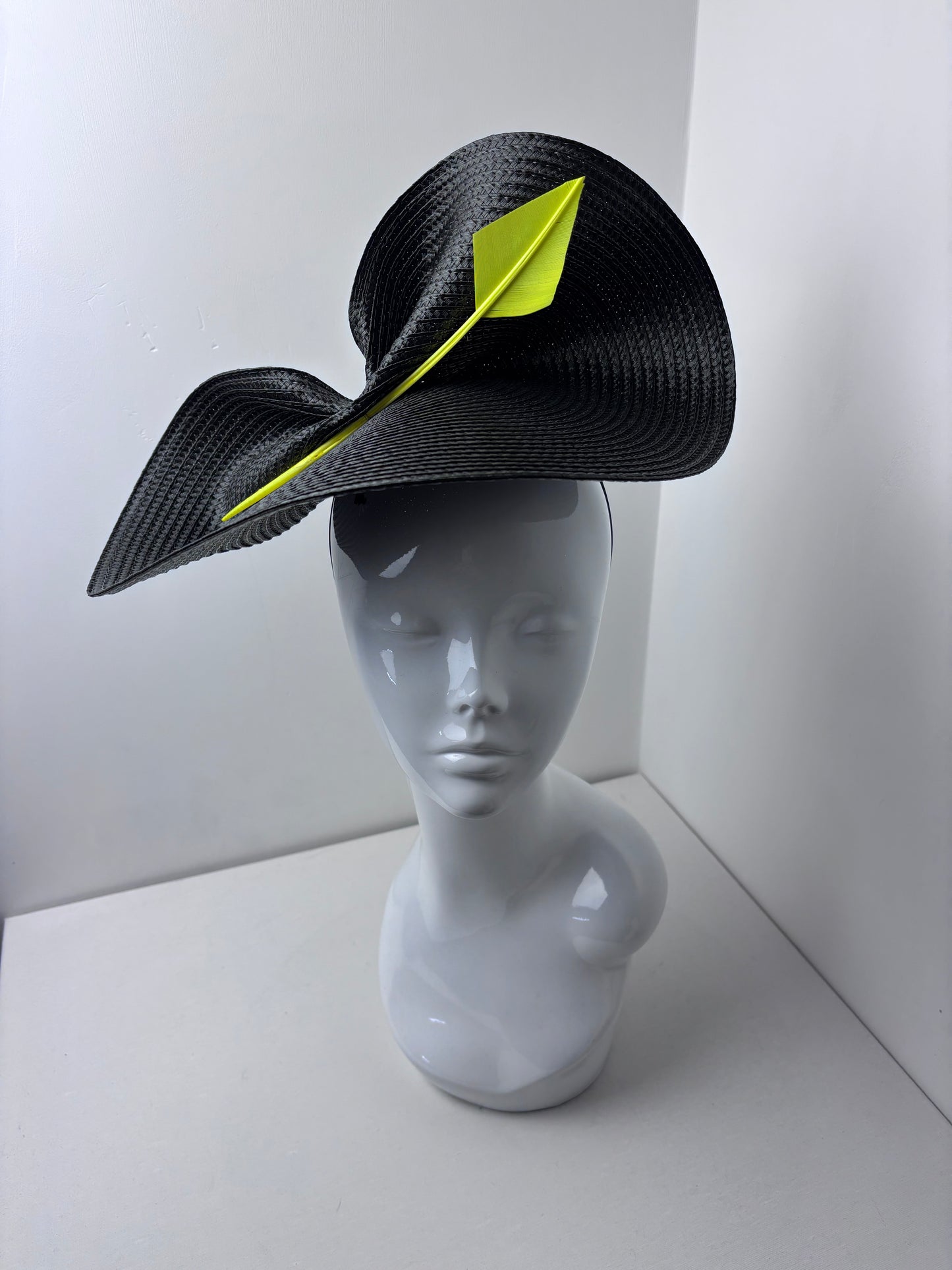 Black Swiss Braid Hatinator with Neon Yellow Quill | Contemporary Wedding, Ascot & Race Day Headpiece