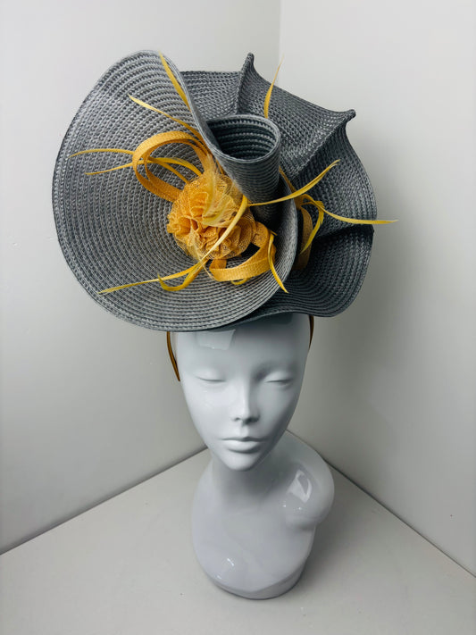 Bespoke Grey & Mustard Metallic Orbital Fascinator