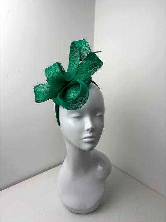Bespoke Emerald Green Sculptural Sinamay Headpiece on Satin Headband