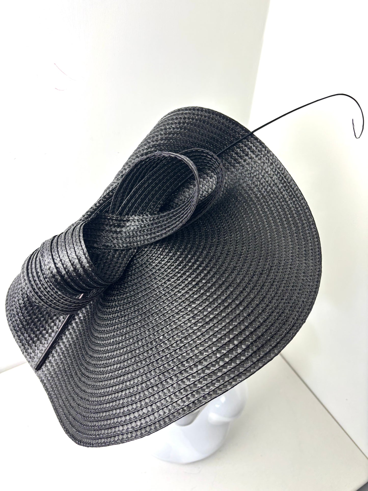 Bespoke Handmade Sculptural Black Fascinator with Stripped Quill