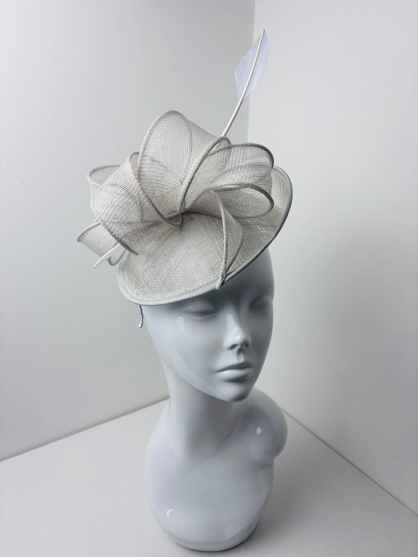 Pale Grey Sinamay Statement Fascinator with Clip & Headband | Elegant Wedding & Race Day Hat