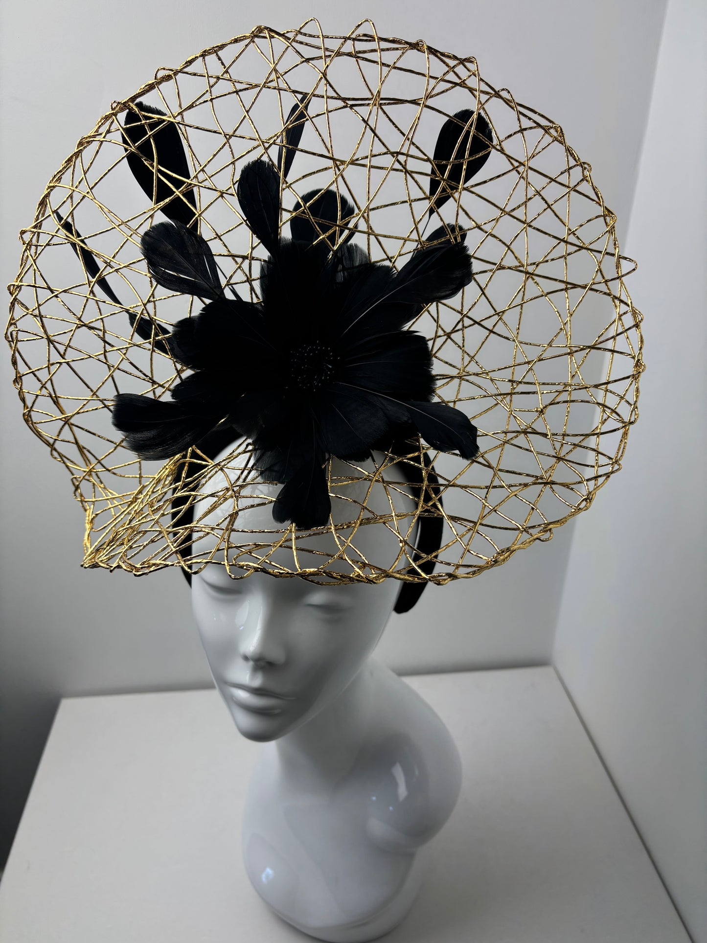 Bespoke Gold Wire Halo Headpiece with Black Feather Flower Fascinator