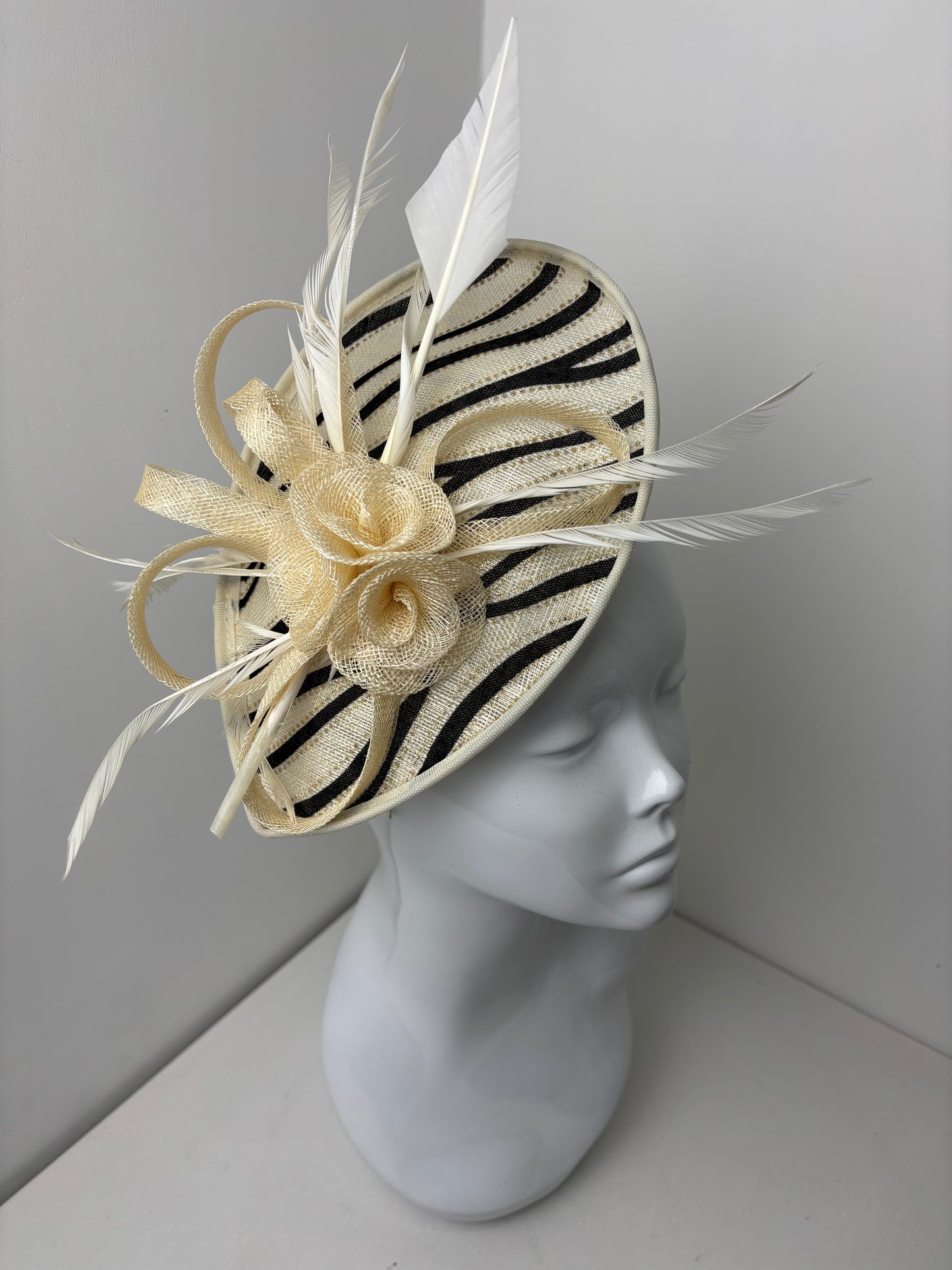Bespoke Metallic Cream and Black Zebra Print Fascinator