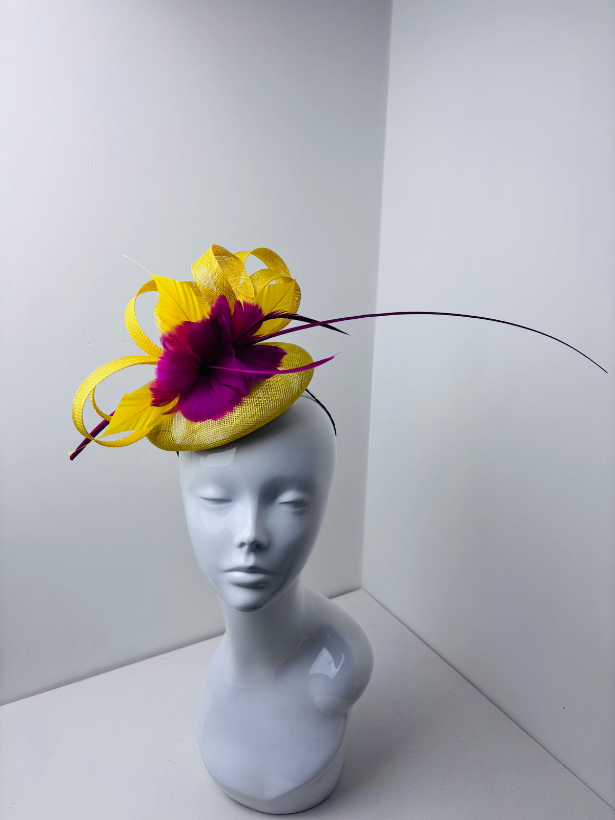 Fuchsia Pink & Yellow Fascinator – Statement Feather & Quill Wedding Guest Race Day Headpiece
