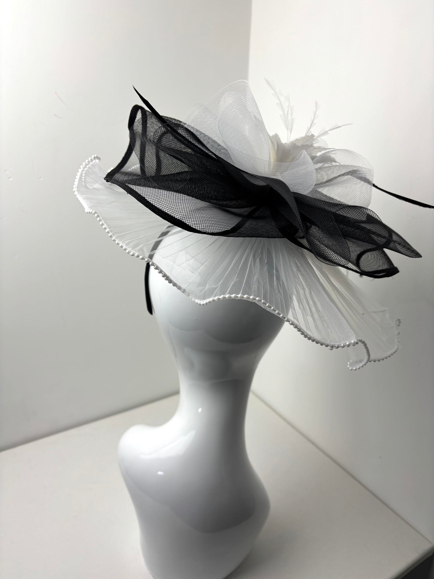 Bespoke Elegant Black and White Statement Fascinator with Pearl Trim