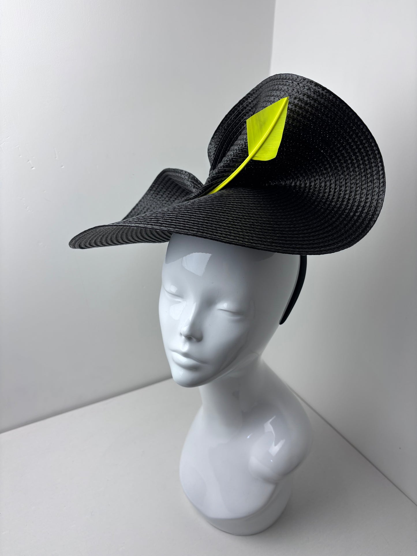 Black Swiss Braid Hatinator with Neon Yellow Quill | Contemporary Wedding, Ascot & Race Day Headpiece