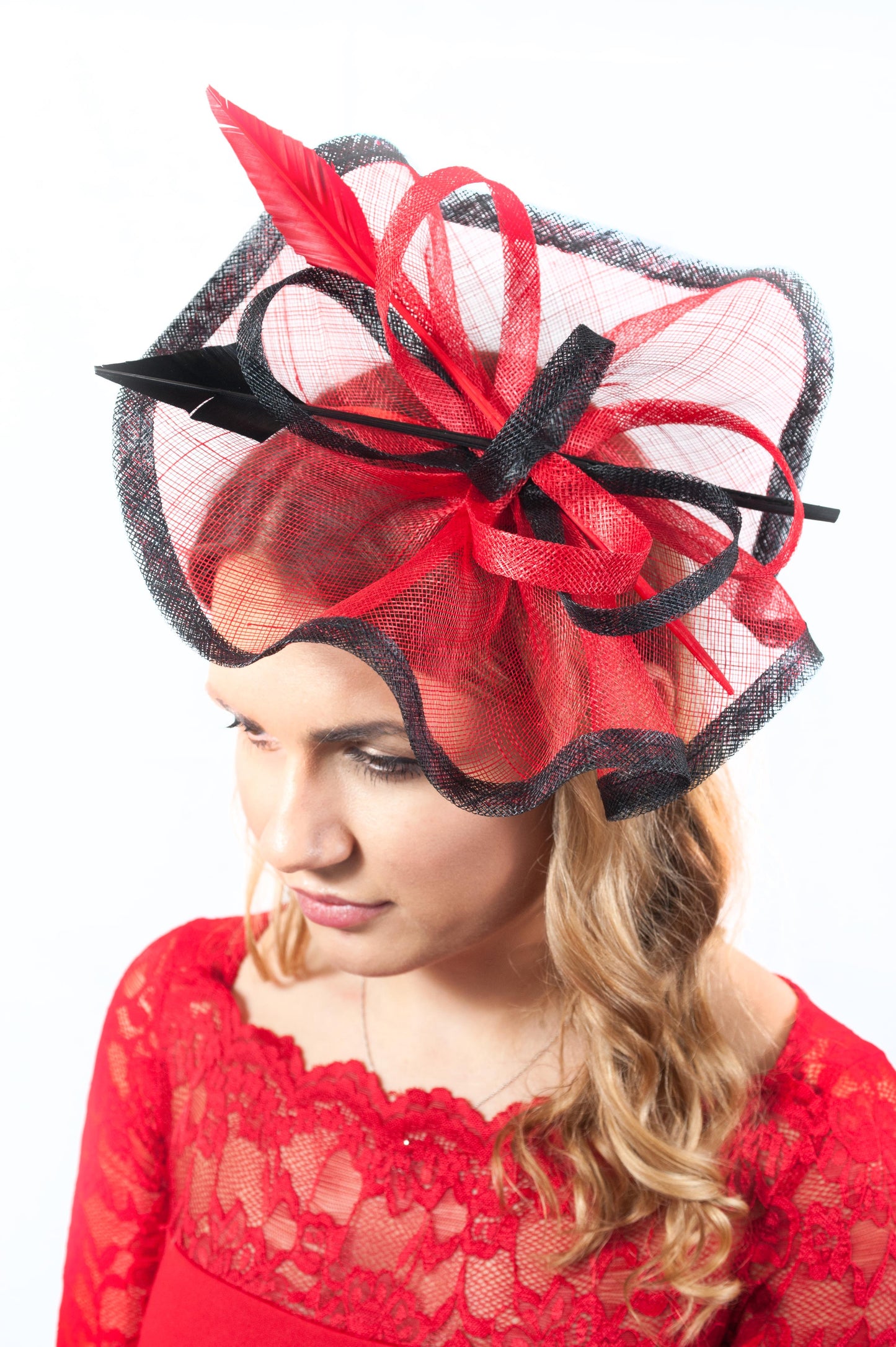 Ruffled Arrow Quill Red and Black Fascinator